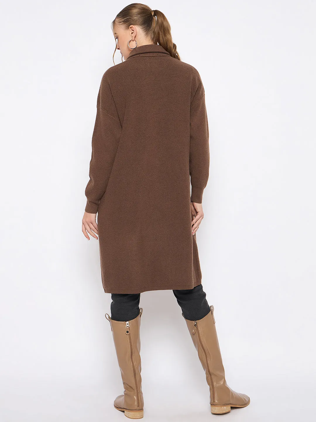 Madame Mock Neck Duffle Solid Brown Shrug