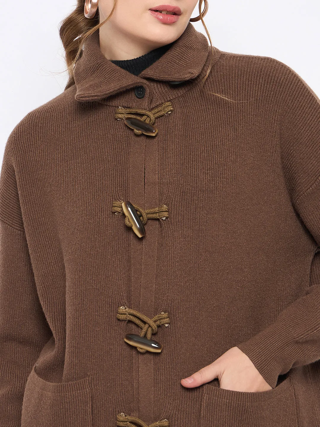 Madame Mock Neck Duffle Solid Brown Shrug