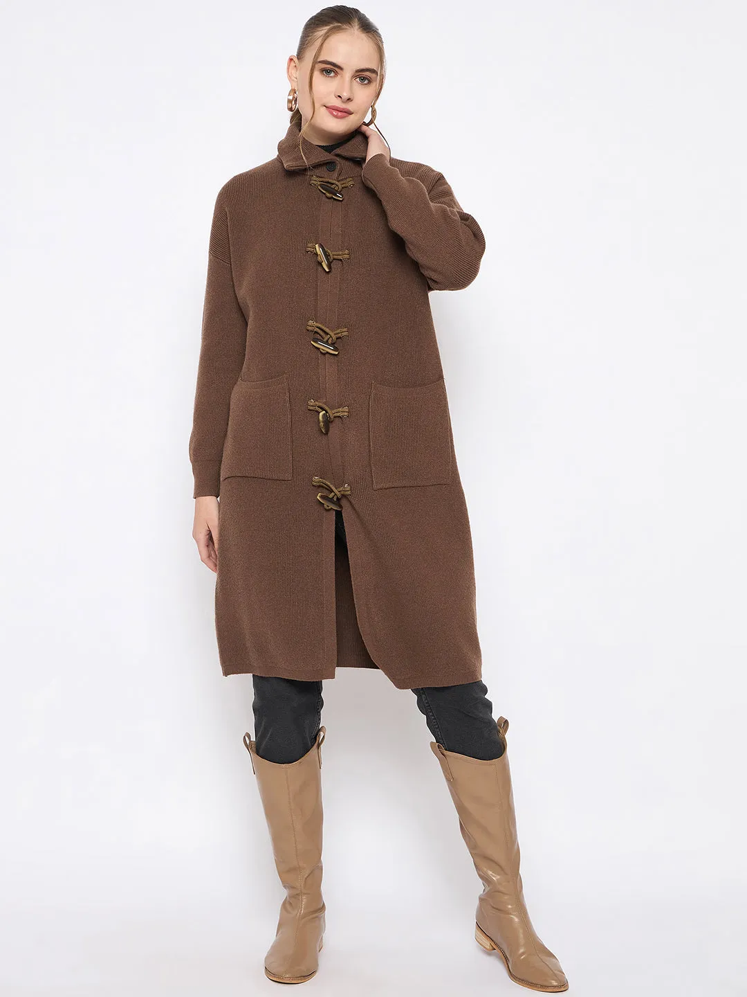 Madame Mock Neck Duffle Solid Brown Shrug