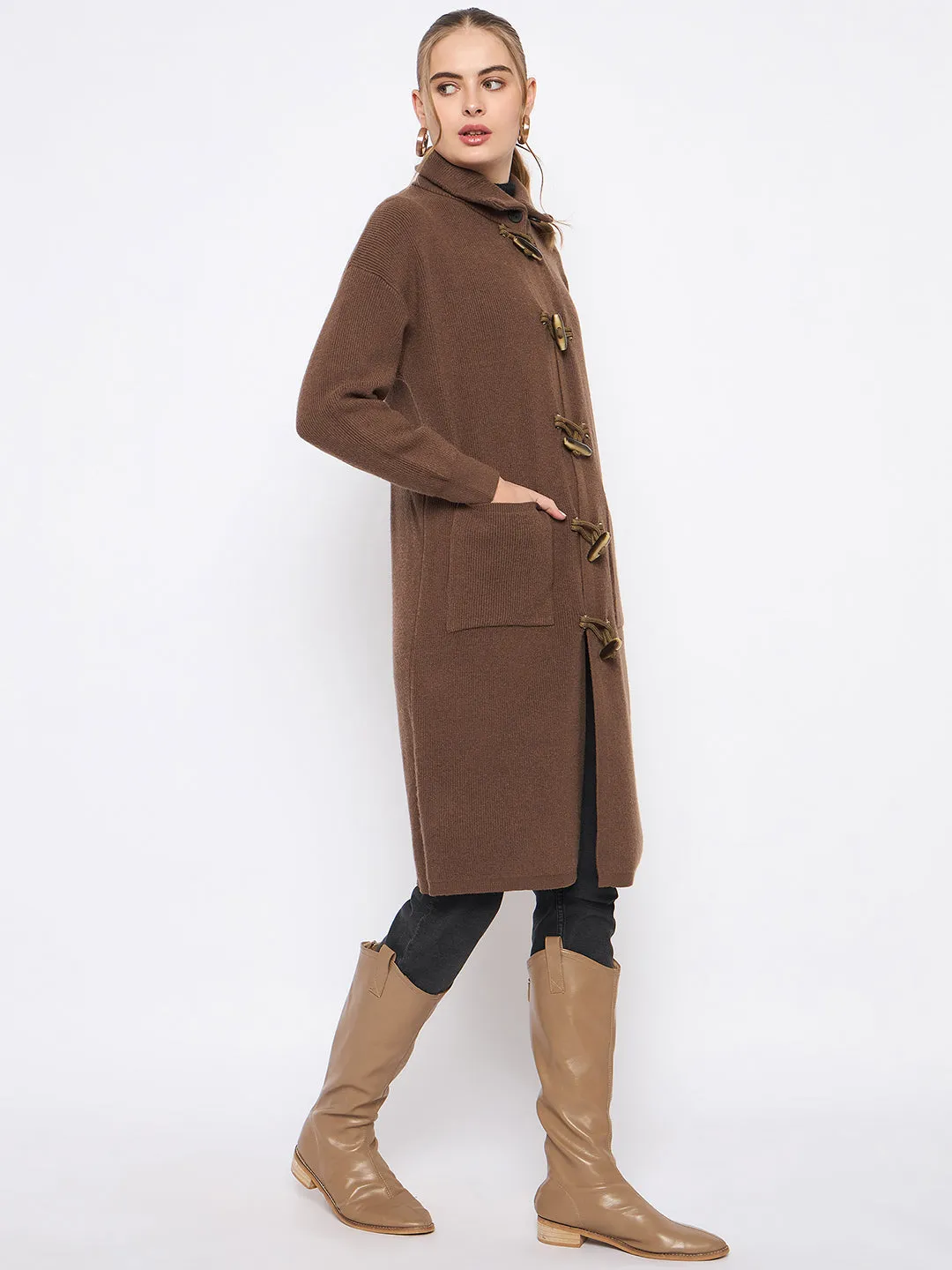 Madame Mock Neck Duffle Solid Brown Shrug