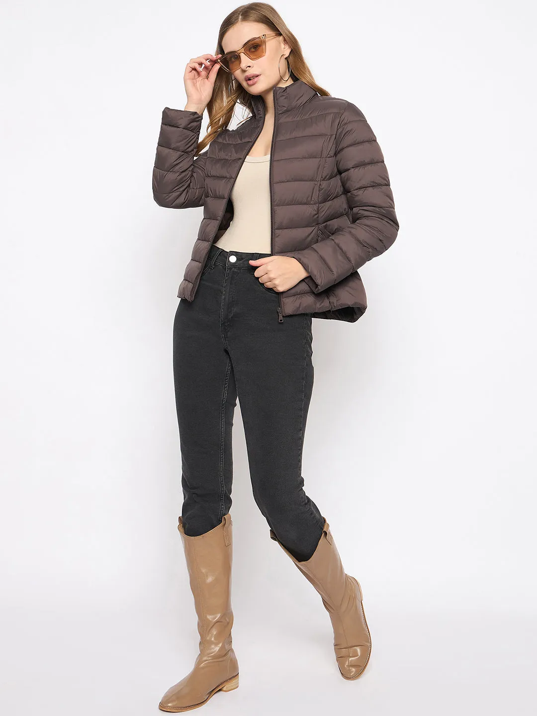 Madame Nylon Coffee Brown Quilted Jacket