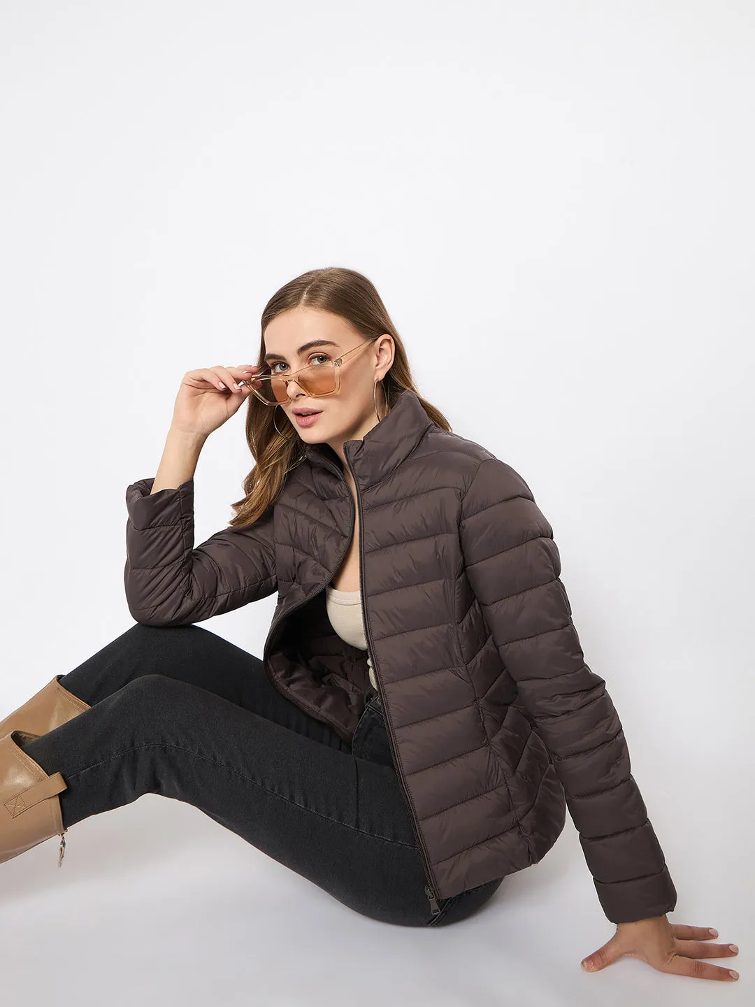 Madame Nylon Coffee Brown Quilted Jacket