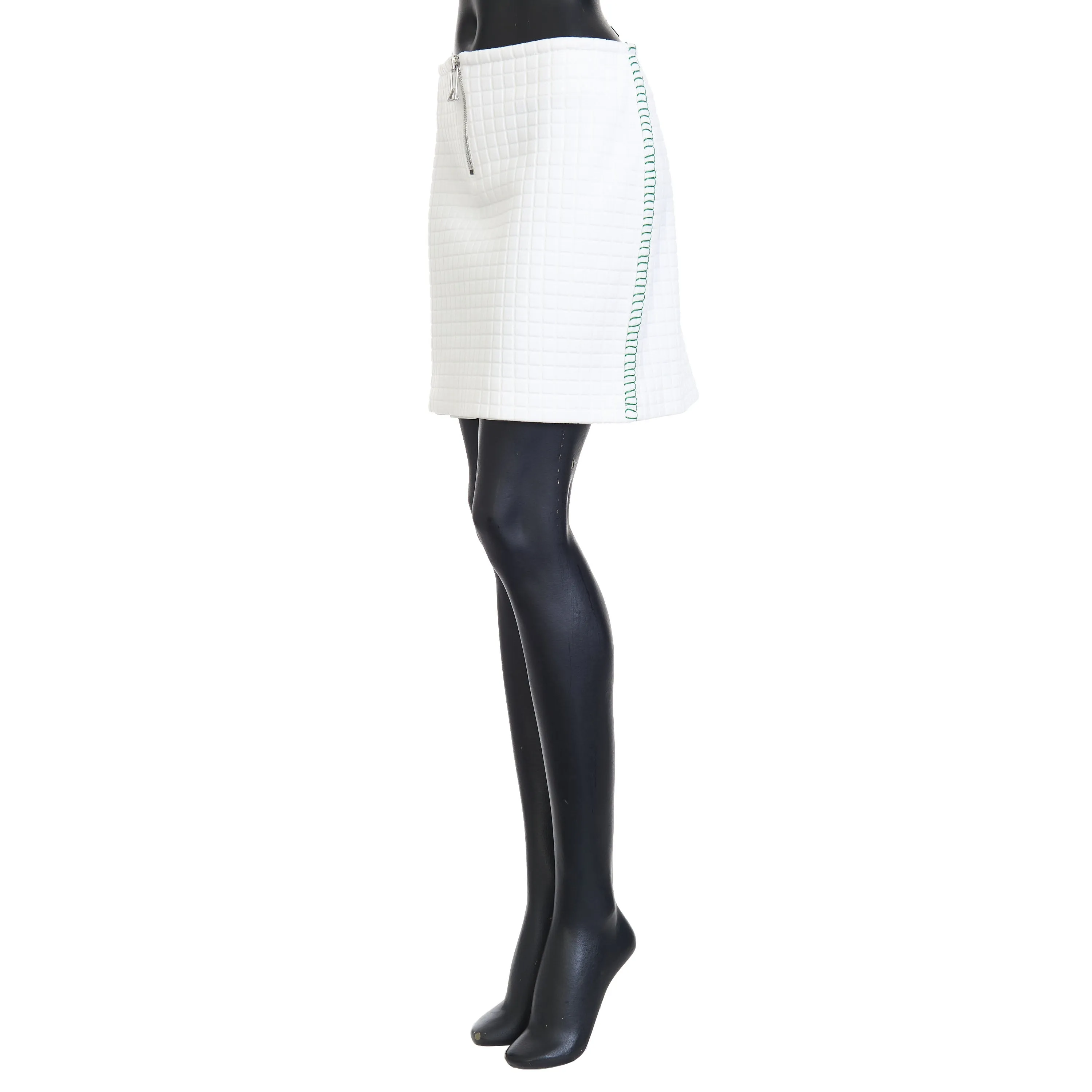 Matelassé Jersey Skirt in White Tech Cotton & Green Stitch Detailing