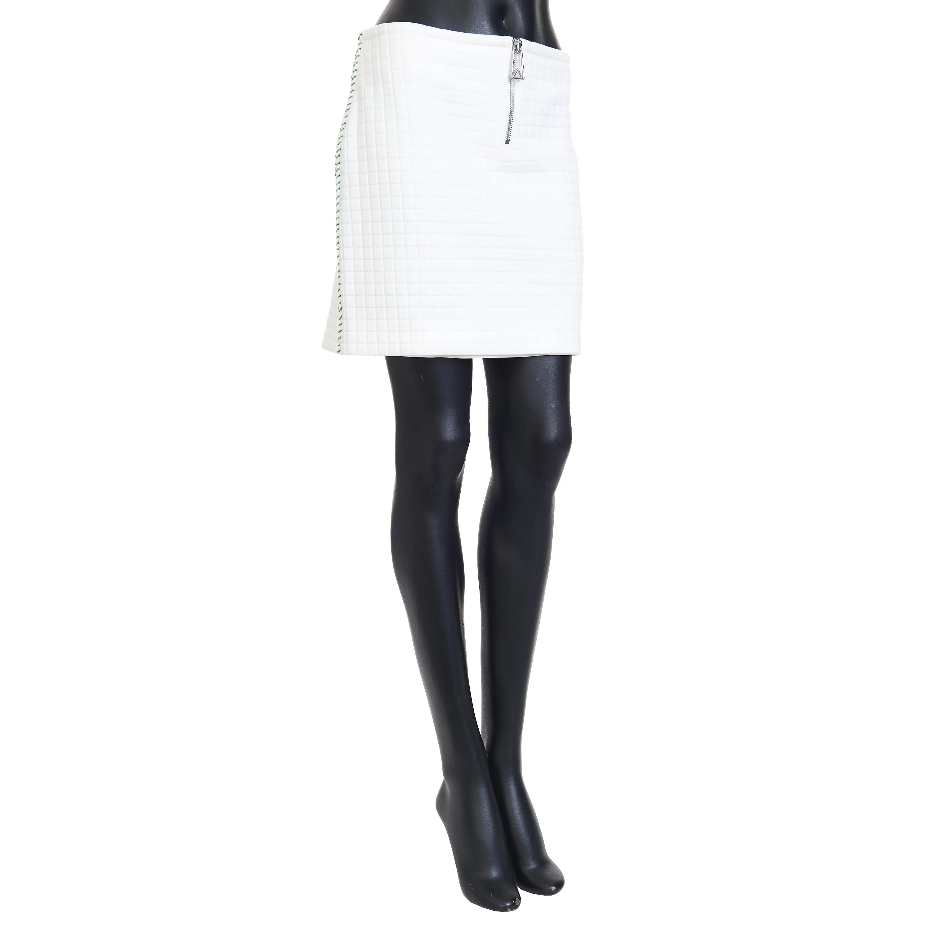 Matelassé Jersey Skirt in White Tech Cotton & Green Stitch Detailing