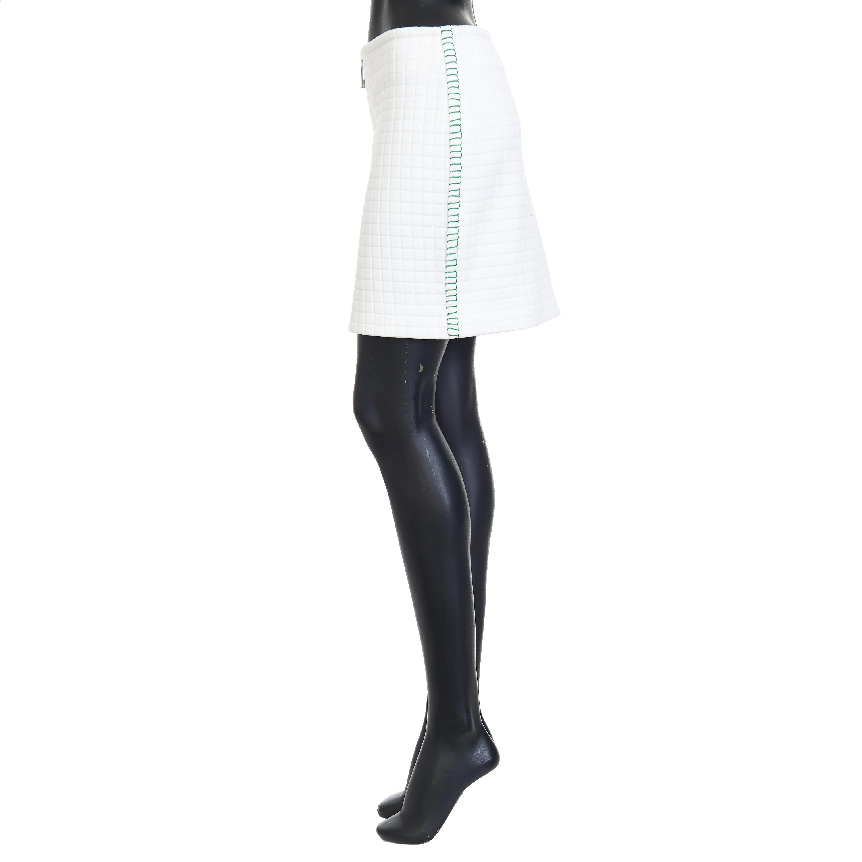 Matelassé Jersey Skirt in White Tech Cotton & Green Stitch Detailing