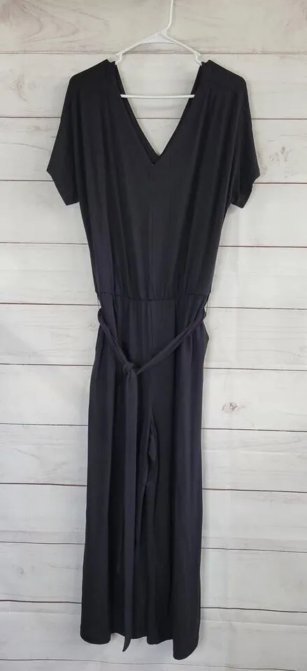 MEDIUM BLACK A395046 AnyBody Textured Knit Tie Front Jumpsuit