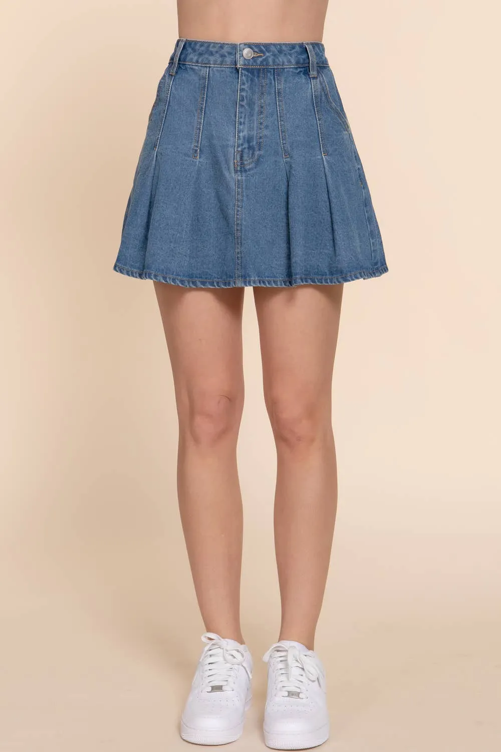 Medium Blue Pleated Mini Denim Skirt