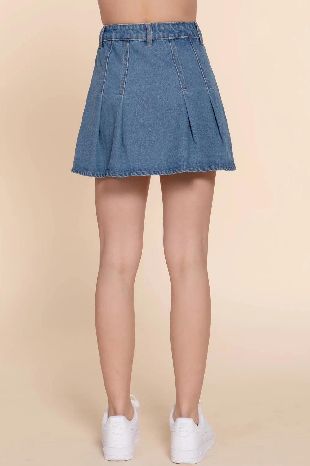 Medium Blue Pleated Mini Denim Skirt