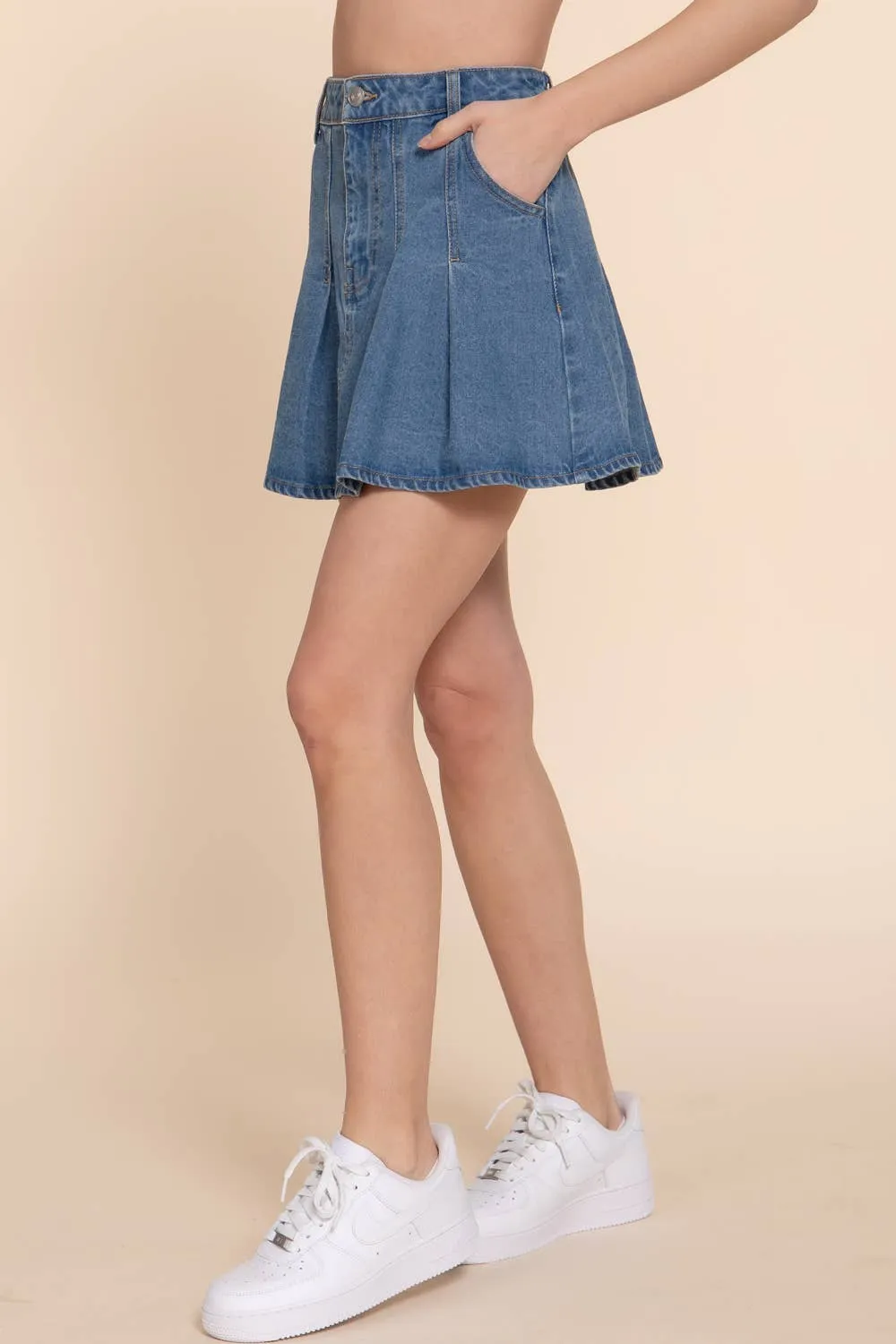 Medium Blue Pleated Mini Denim Skirt