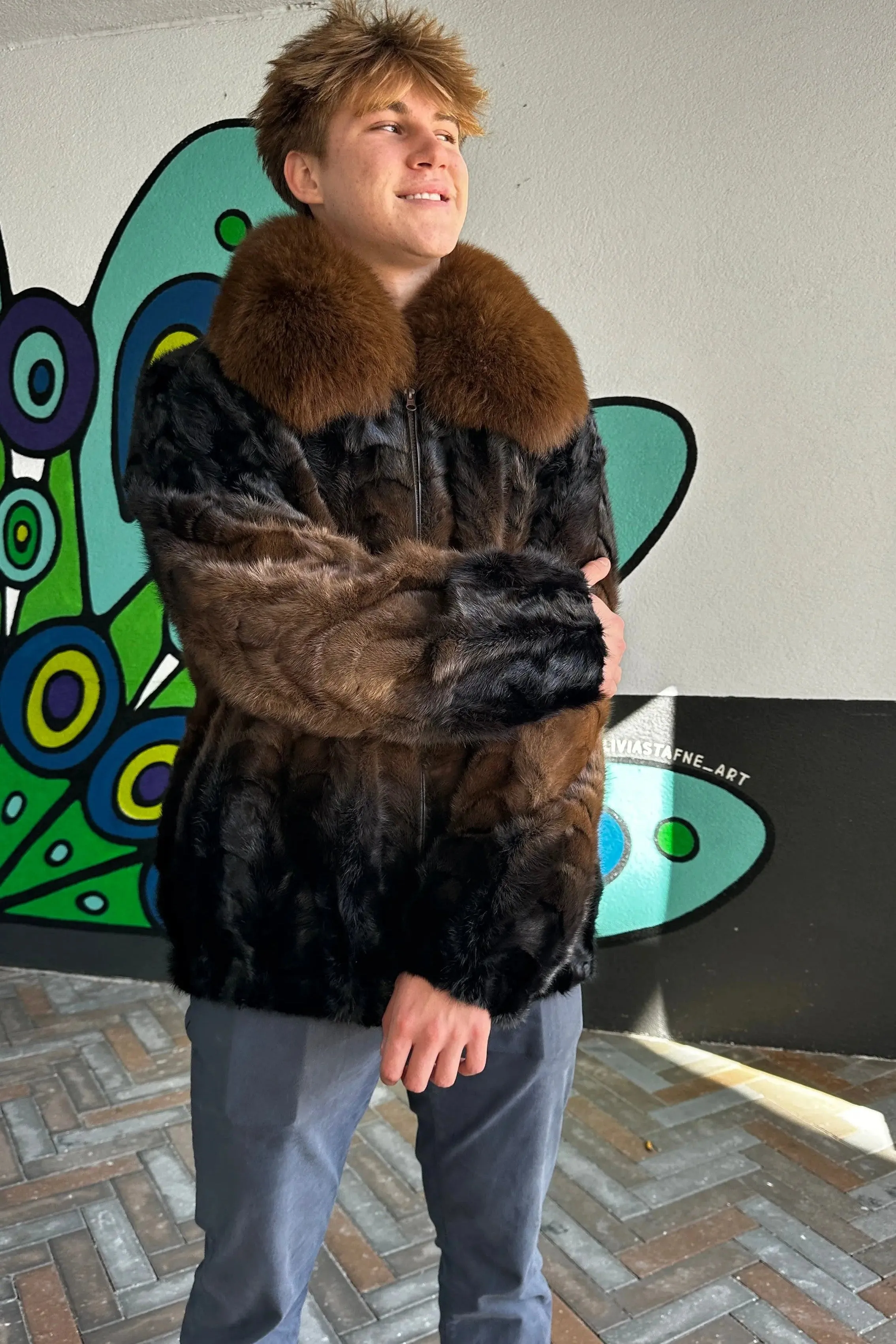 Men's Brown Section Mink Degrade Bomber Jacket with Fox Collar