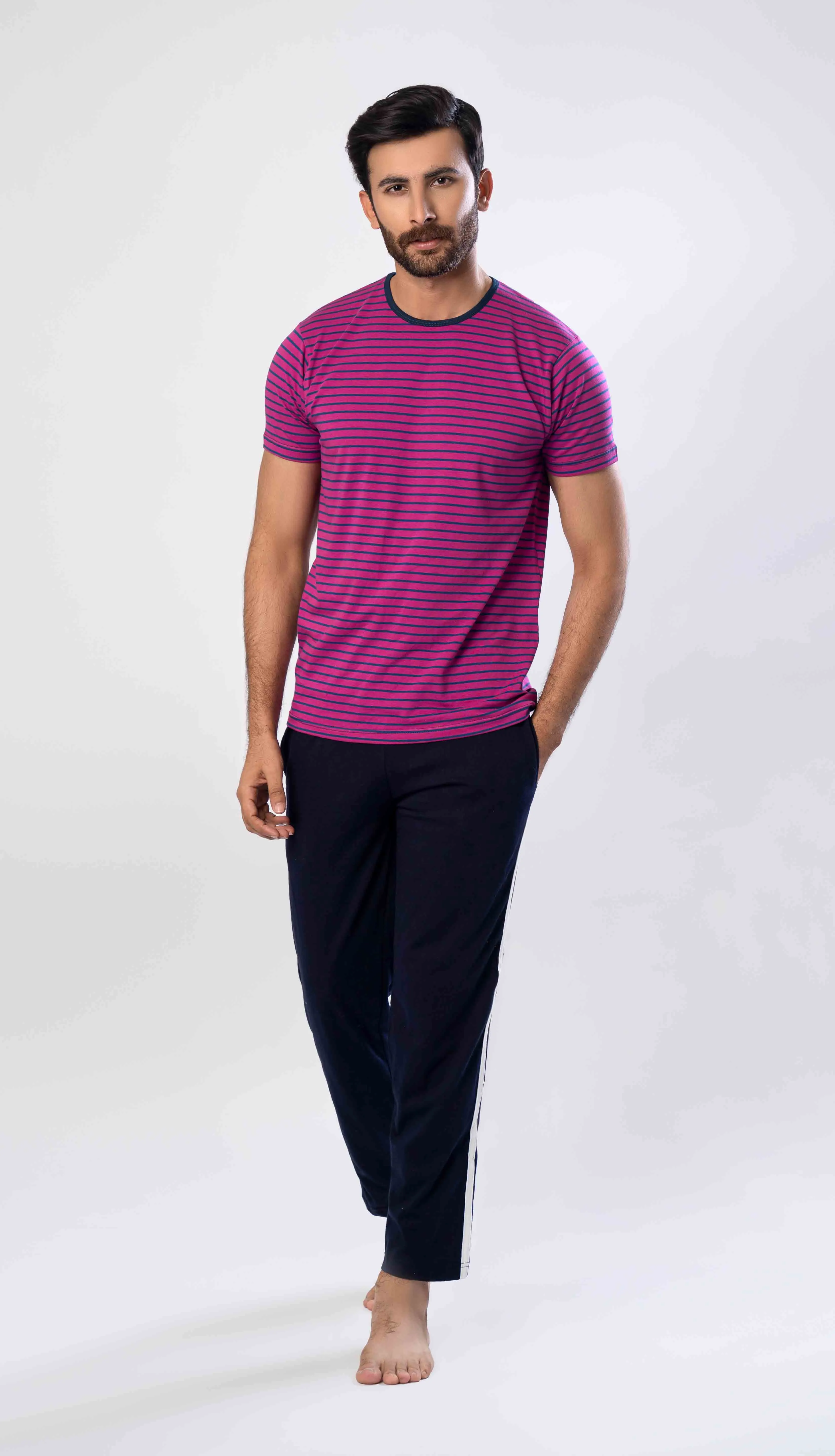 Men's Night Suit (Short Sleeves) BEATROOT Stripe
