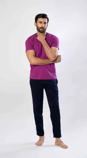 Men's Night Suit (Short Sleeves) BEATROOT Stripe