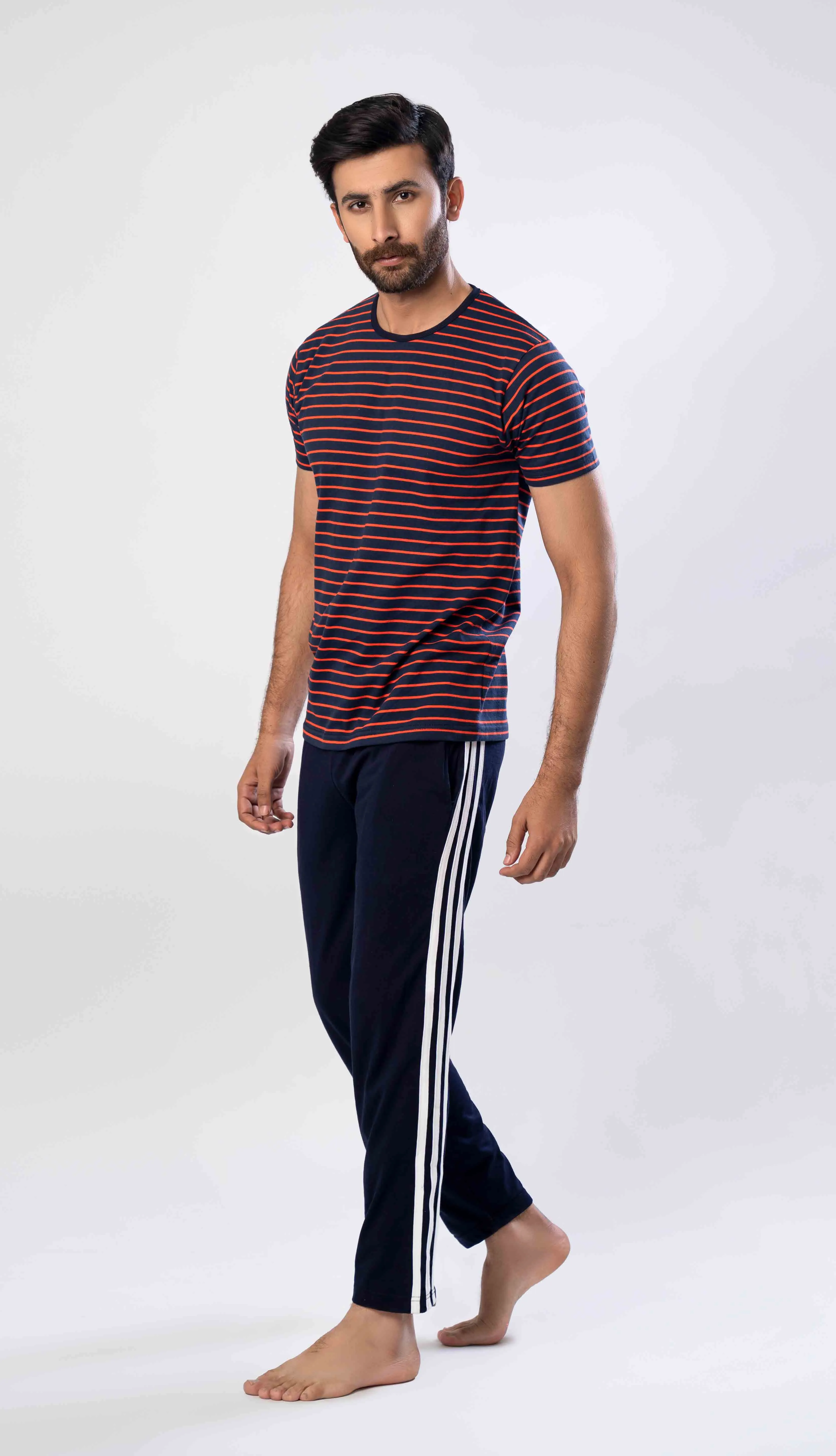 Men's Night Suit (Short Sleeves) Navy Orange Stripe
