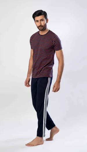 Men's Night Suit (Short Sleeves) Navy Orange Stripe