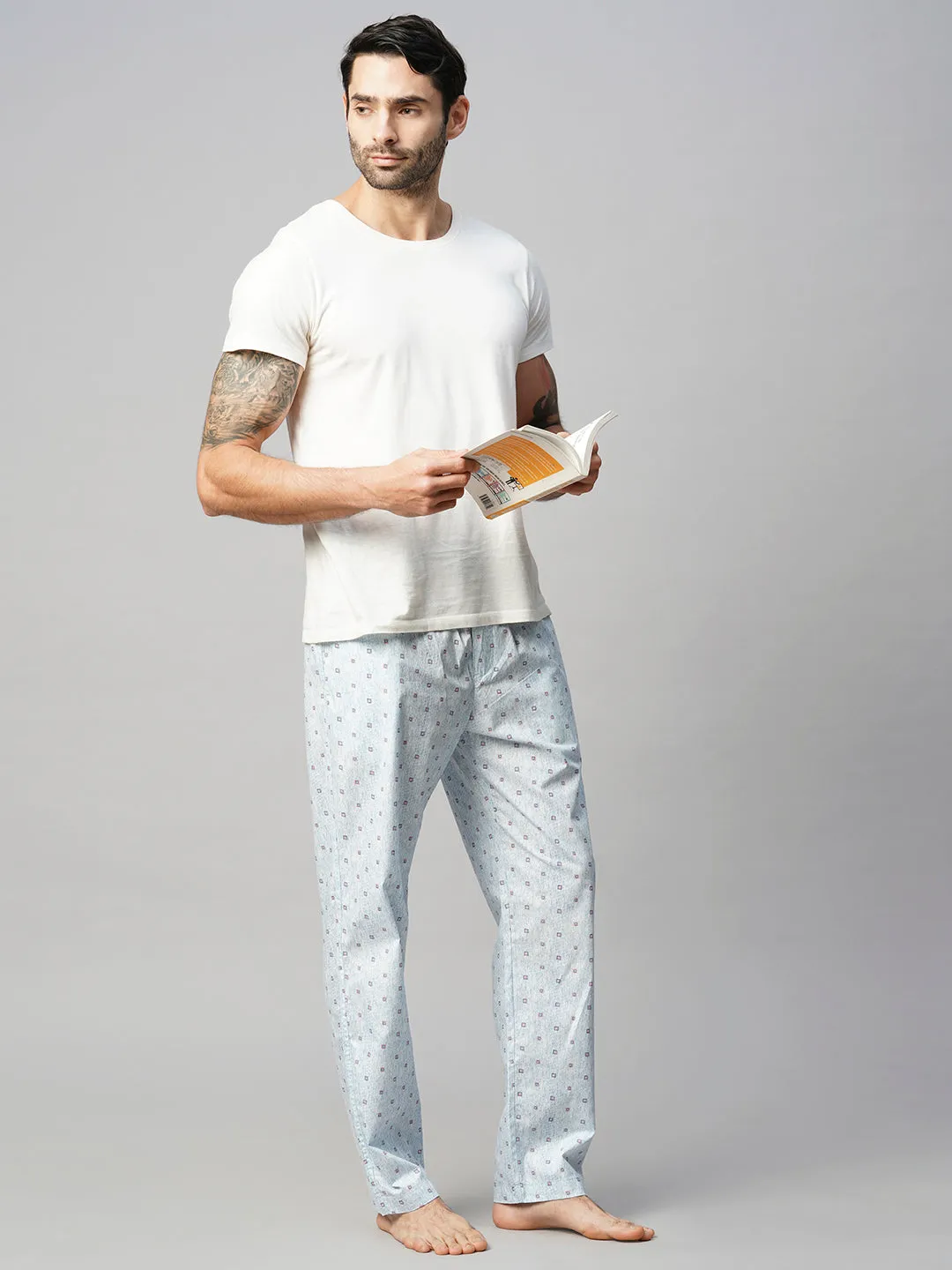 Men's Printed, Blue, Cotton, Regular Fit, Elasticated, Waistband, Pyjama  With Side Pockets