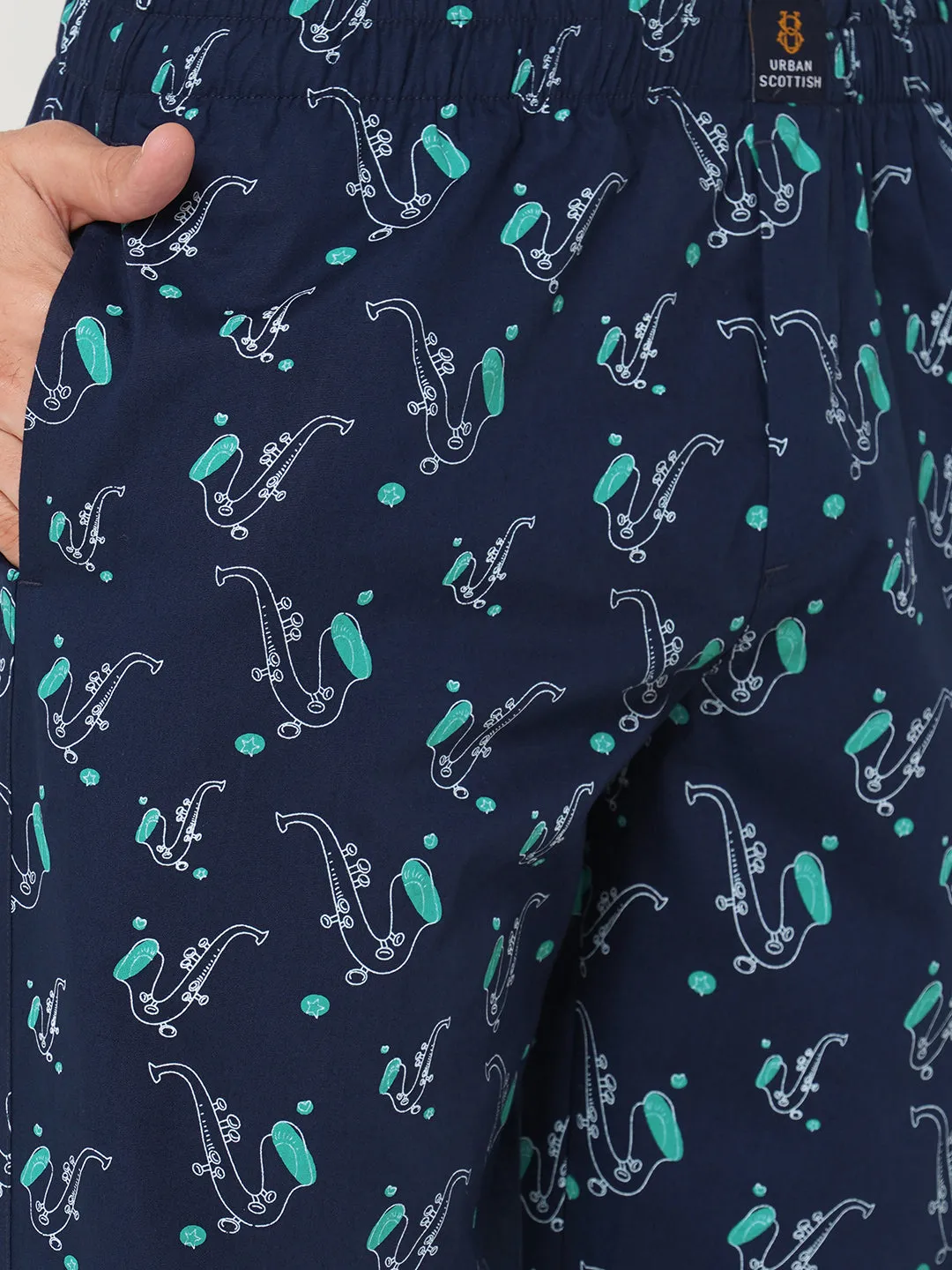 Men's Printed, Navy, Cotton, Regular Fit, Elasticated, Waistband, Pyjama  With Side Pockets