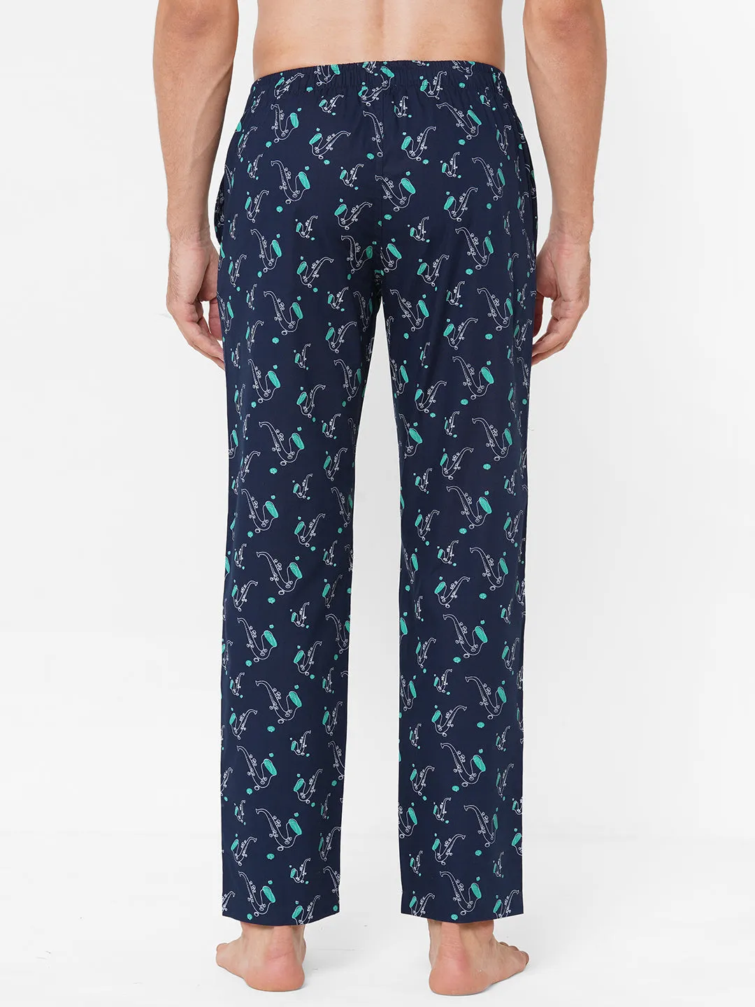 Men's Printed, Navy, Cotton, Regular Fit, Elasticated, Waistband, Pyjama  With Side Pockets