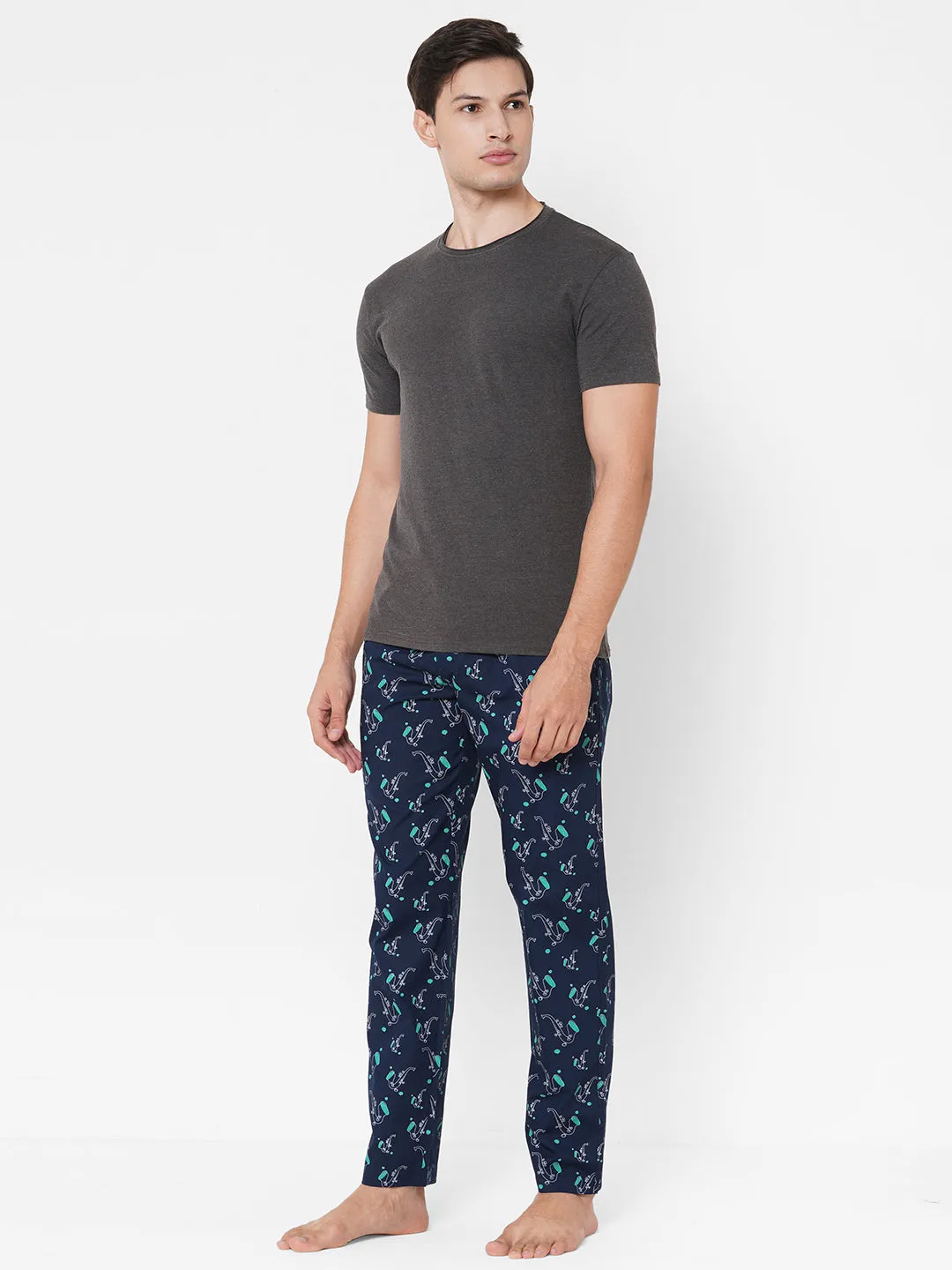 Men's Printed, Navy, Cotton, Regular Fit, Elasticated, Waistband, Pyjama  With Side Pockets