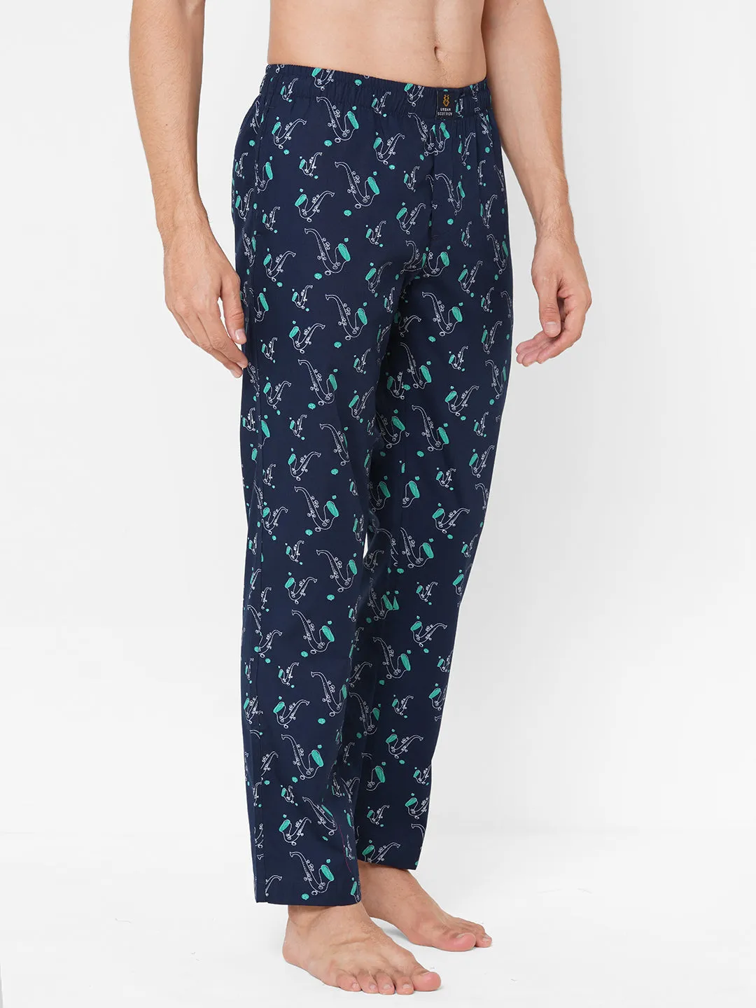 Men's Printed, Navy, Cotton, Regular Fit, Elasticated, Waistband, Pyjama  With Side Pockets