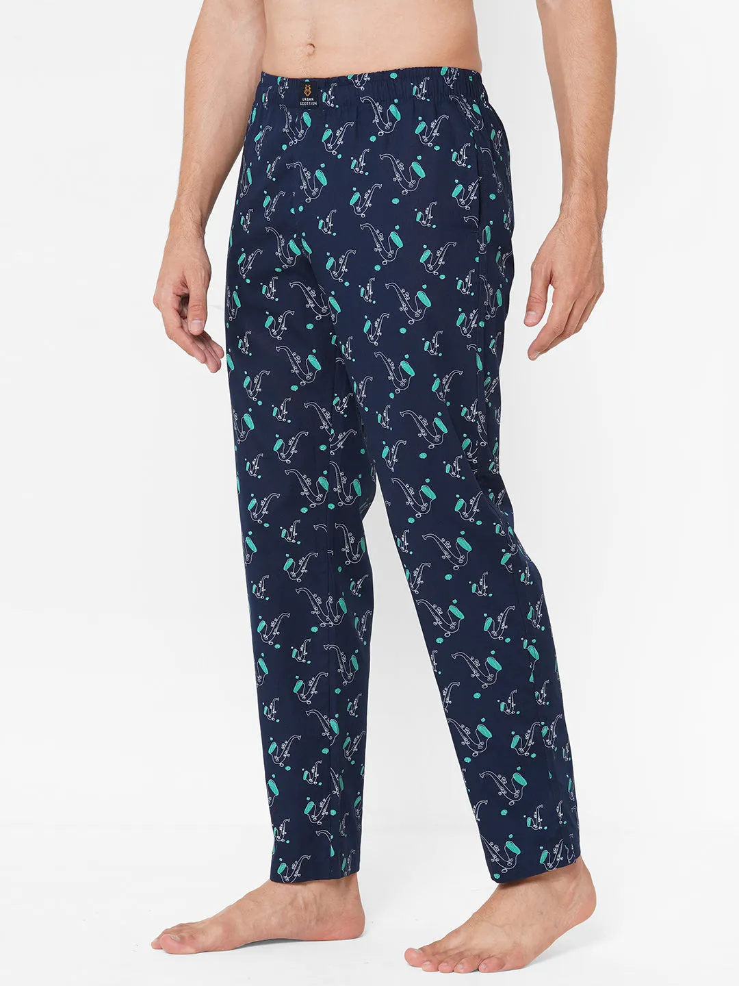 Men's Printed, Navy, Cotton, Regular Fit, Elasticated, Waistband, Pyjama  With Side Pockets