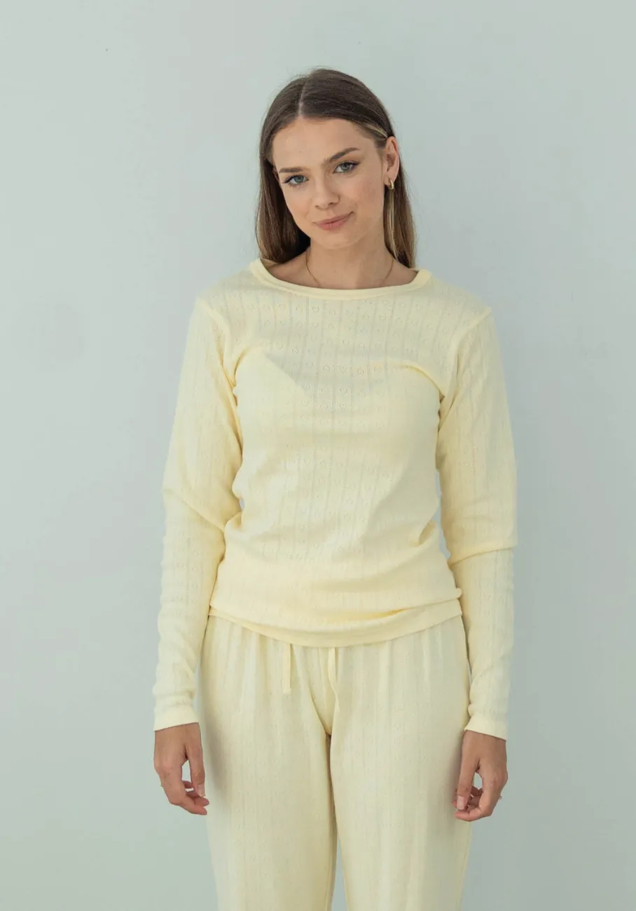 Miann & Co Womens - Emma Round Neck Long Sleeve Pyjama T-Shirt - Butter Pointelle