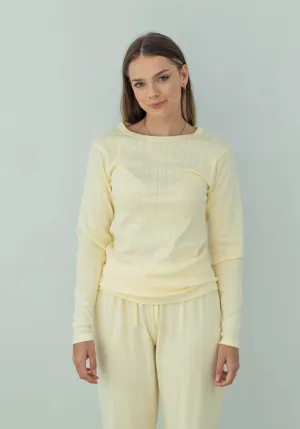 Miann & Co Womens - Emma Round Neck Long Sleeve Pyjama T-Shirt - Butter Pointelle