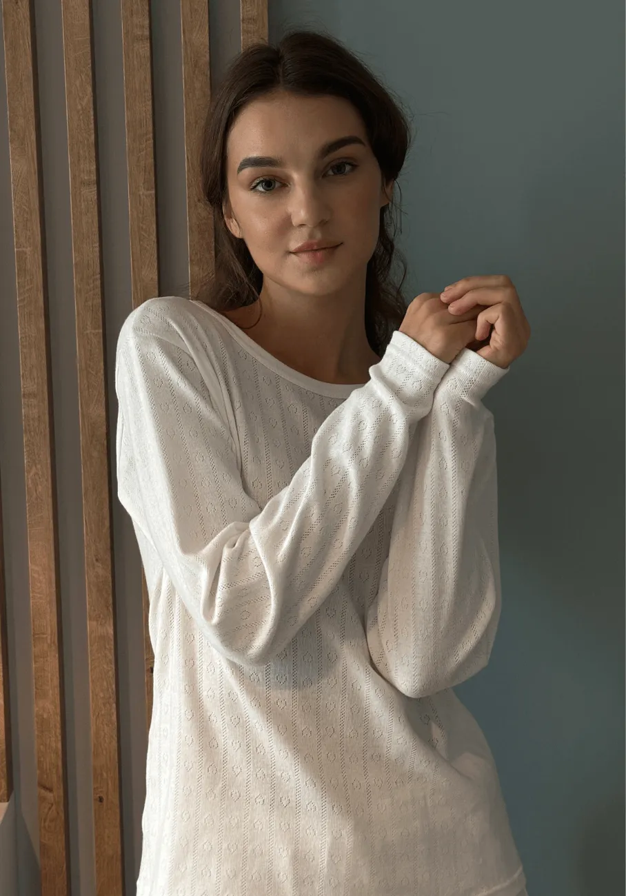 Miann & Co Womens - Emma Round Neck Long Sleeve Pyjama T-Shirt - Frost Pointelle