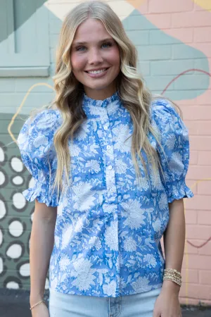 Michelle Elbow Sleeve Printed Blouse, Blue