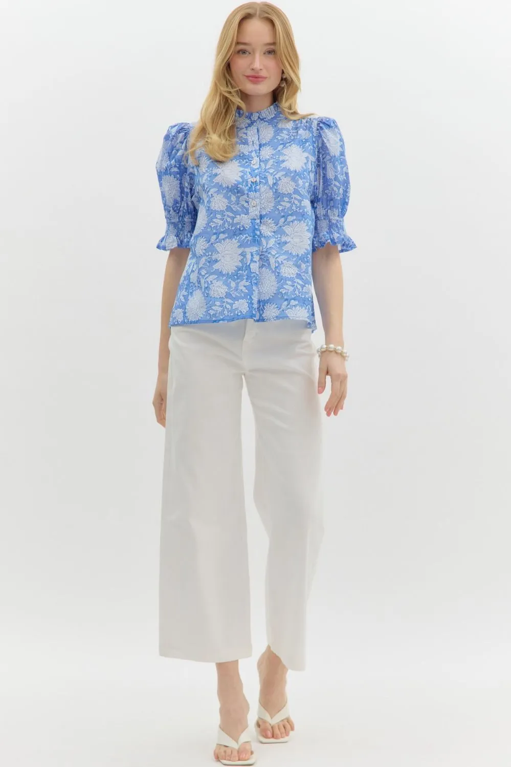 Michelle Elbow Sleeve Printed Blouse, Blue