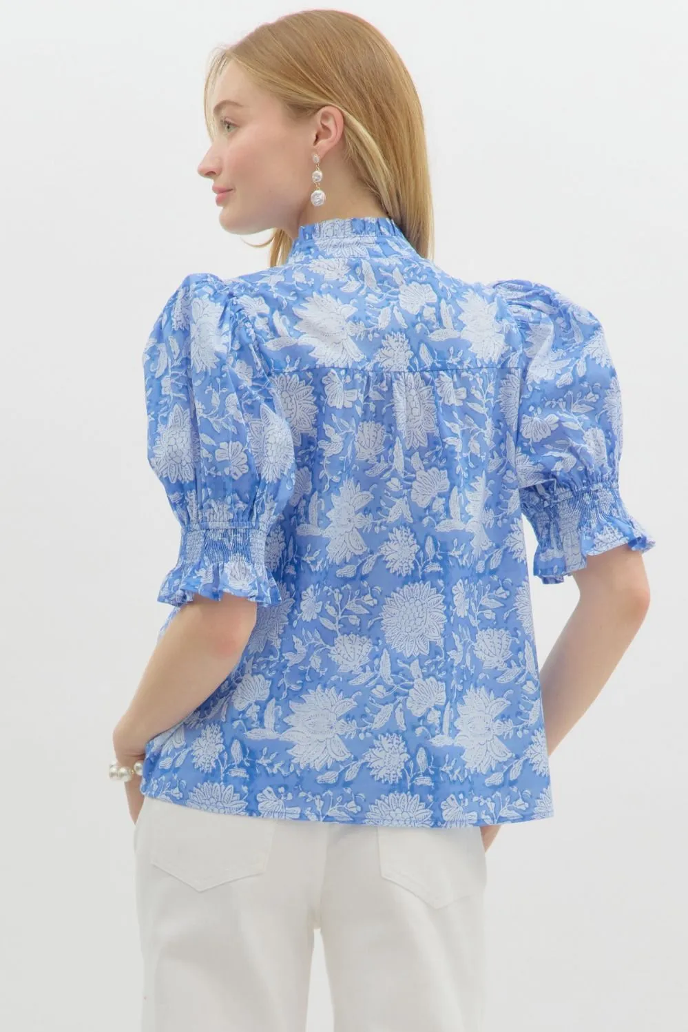 Michelle Elbow Sleeve Printed Blouse, Blue