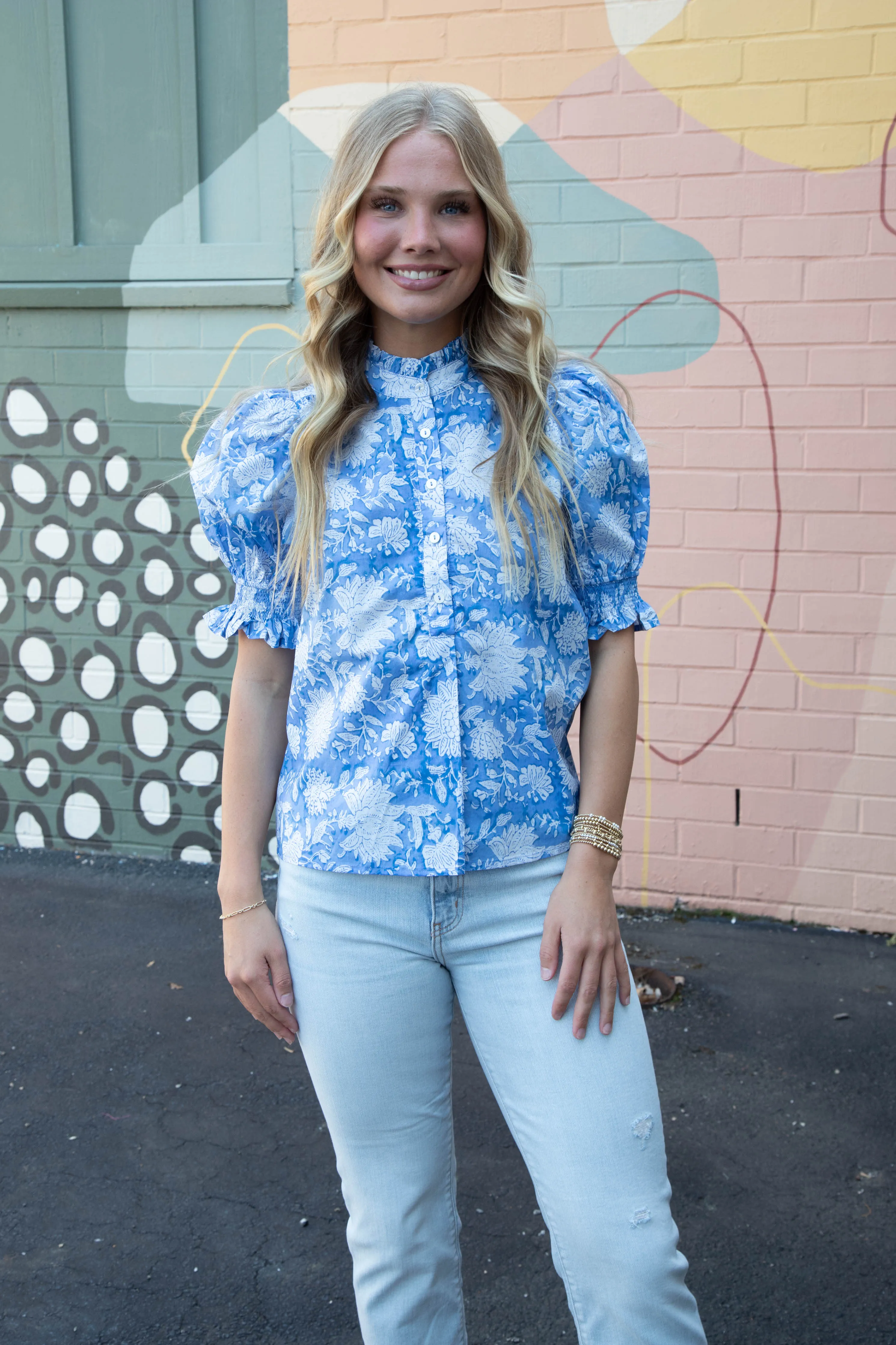 Michelle Elbow Sleeve Printed Blouse, Blue
