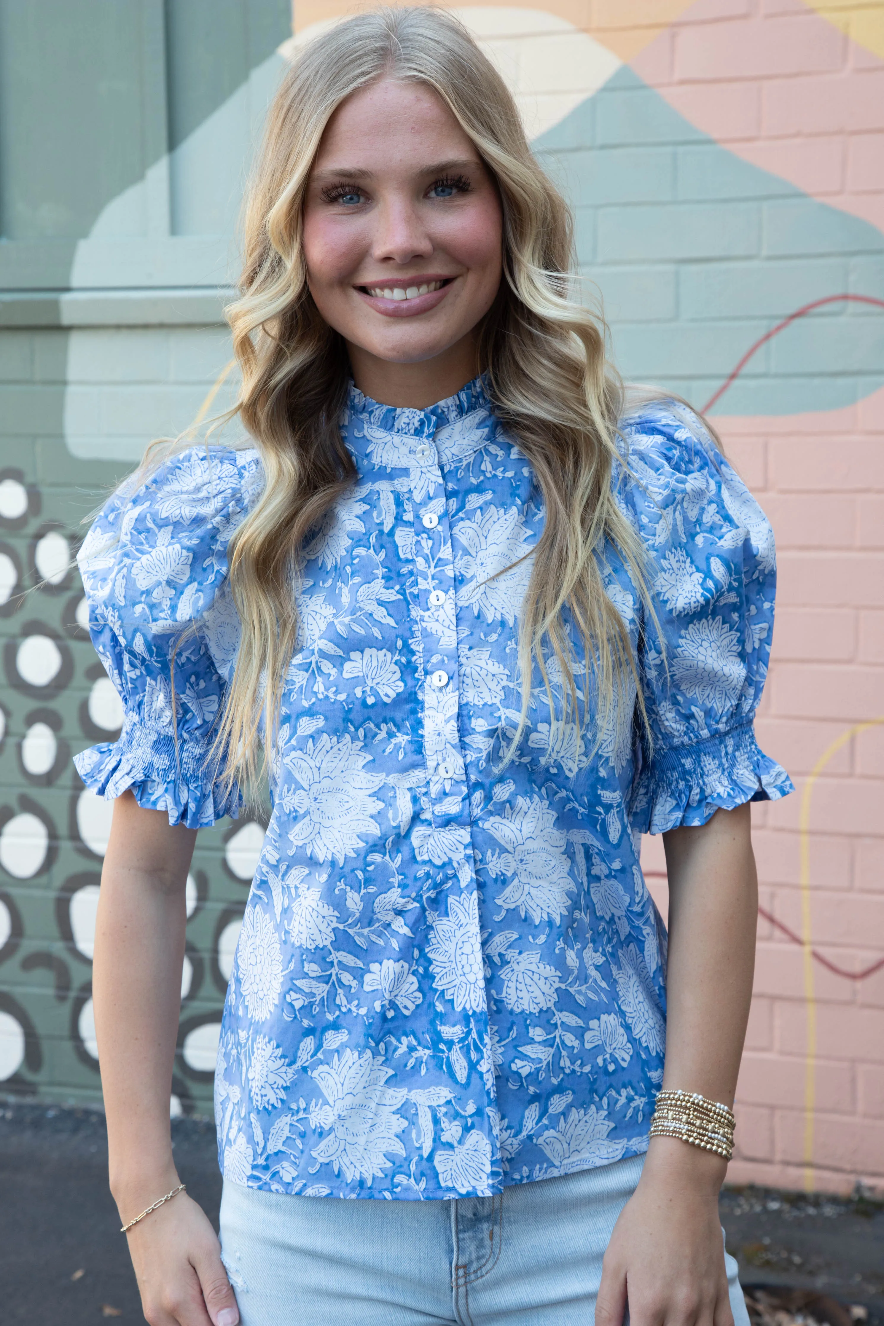 Michelle Elbow Sleeve Printed Blouse, Blue
