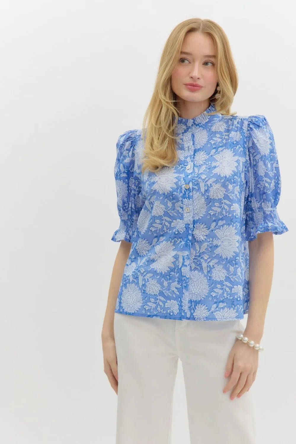 Michelle Elbow Sleeve Printed Blouse, Blue