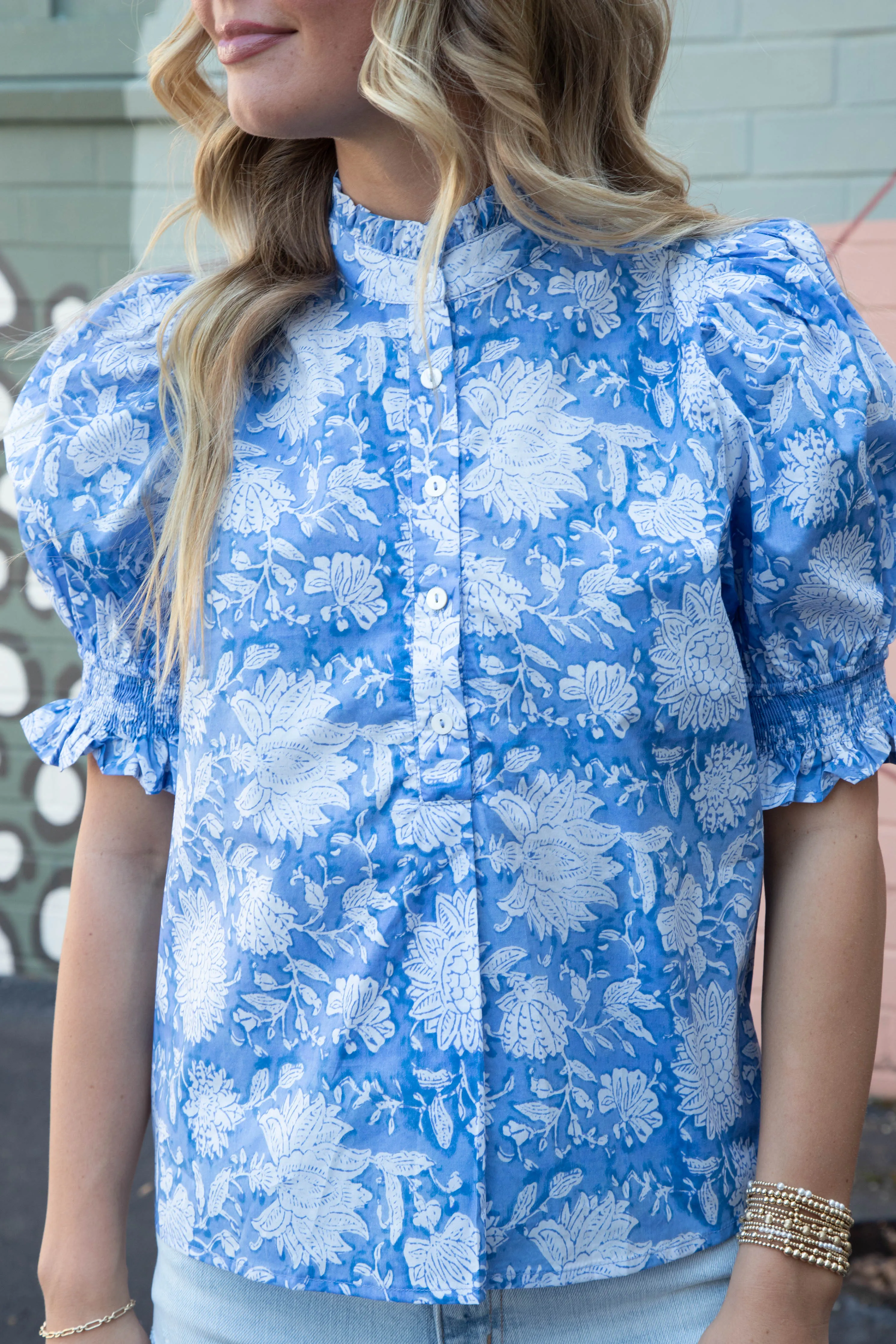 Michelle Elbow Sleeve Printed Blouse, Blue