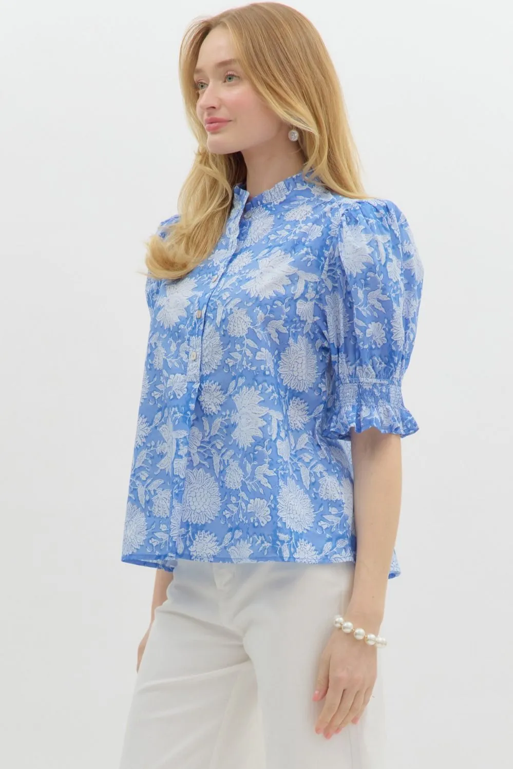 Michelle Elbow Sleeve Printed Blouse, Blue