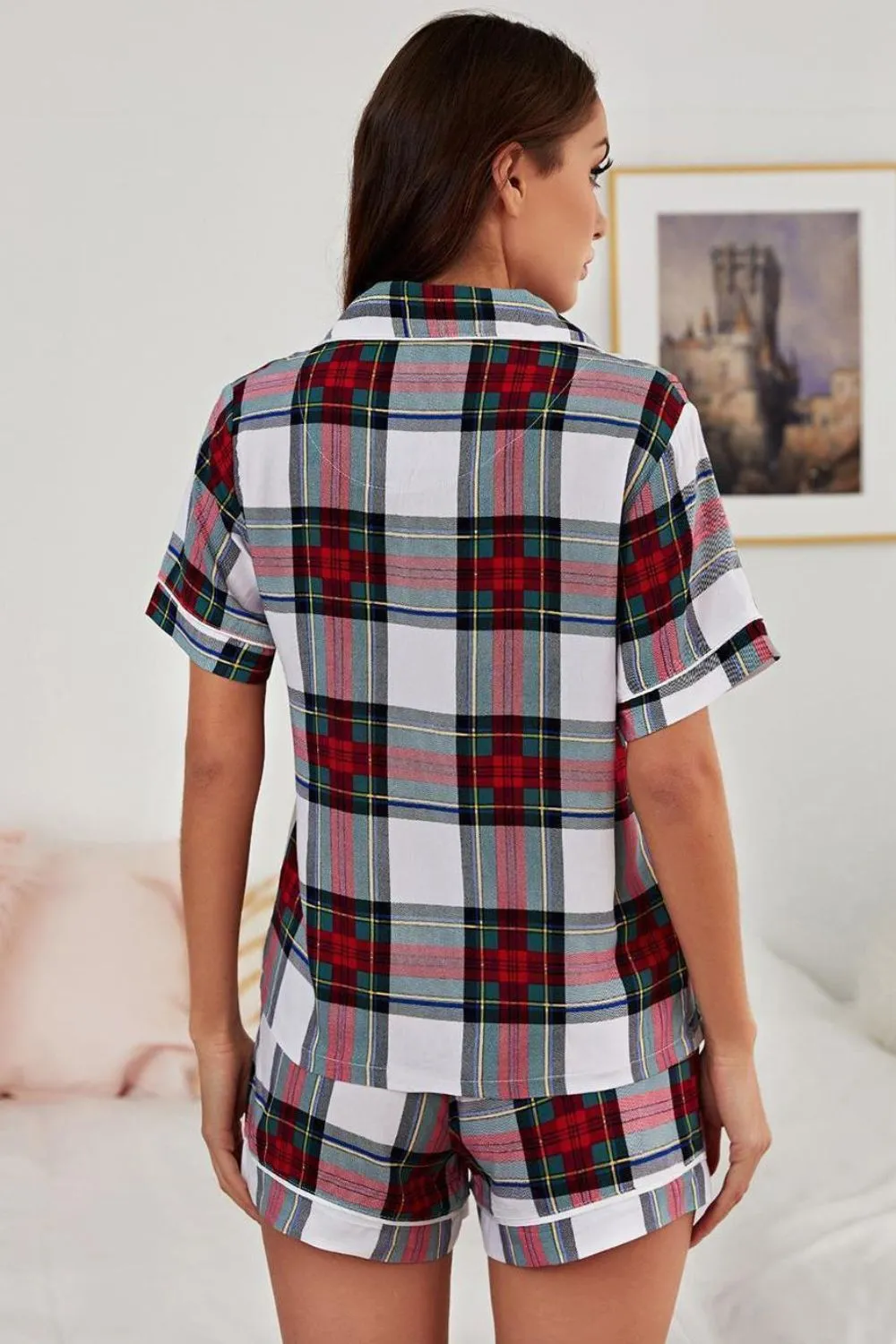 Mila Plaid Short Sleeve Two-Piece PJ Set with Tie