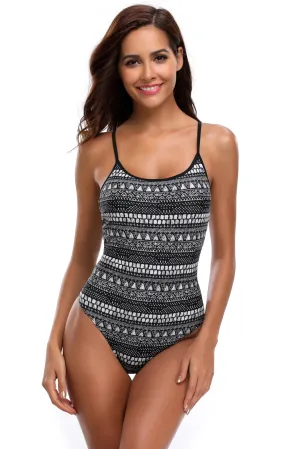 Monochrome Print Cross Back One Piece Swimsuit