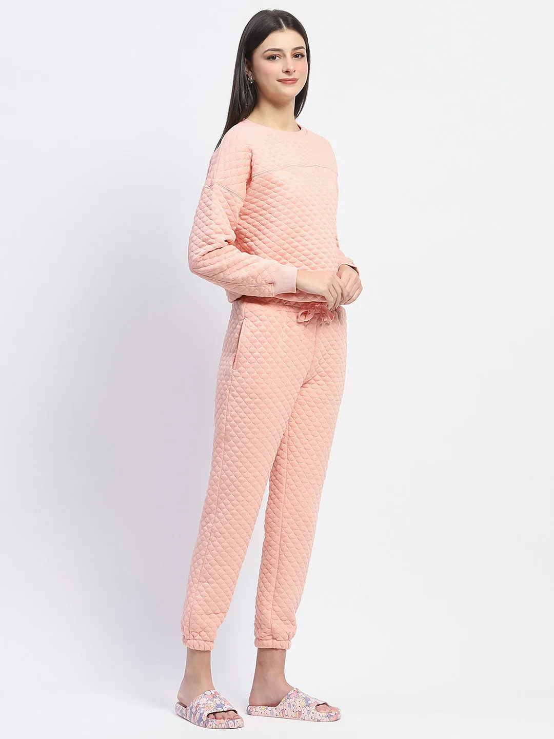 mSECRET Cotton Blend Textured Top and Bottom Peach Night Suit