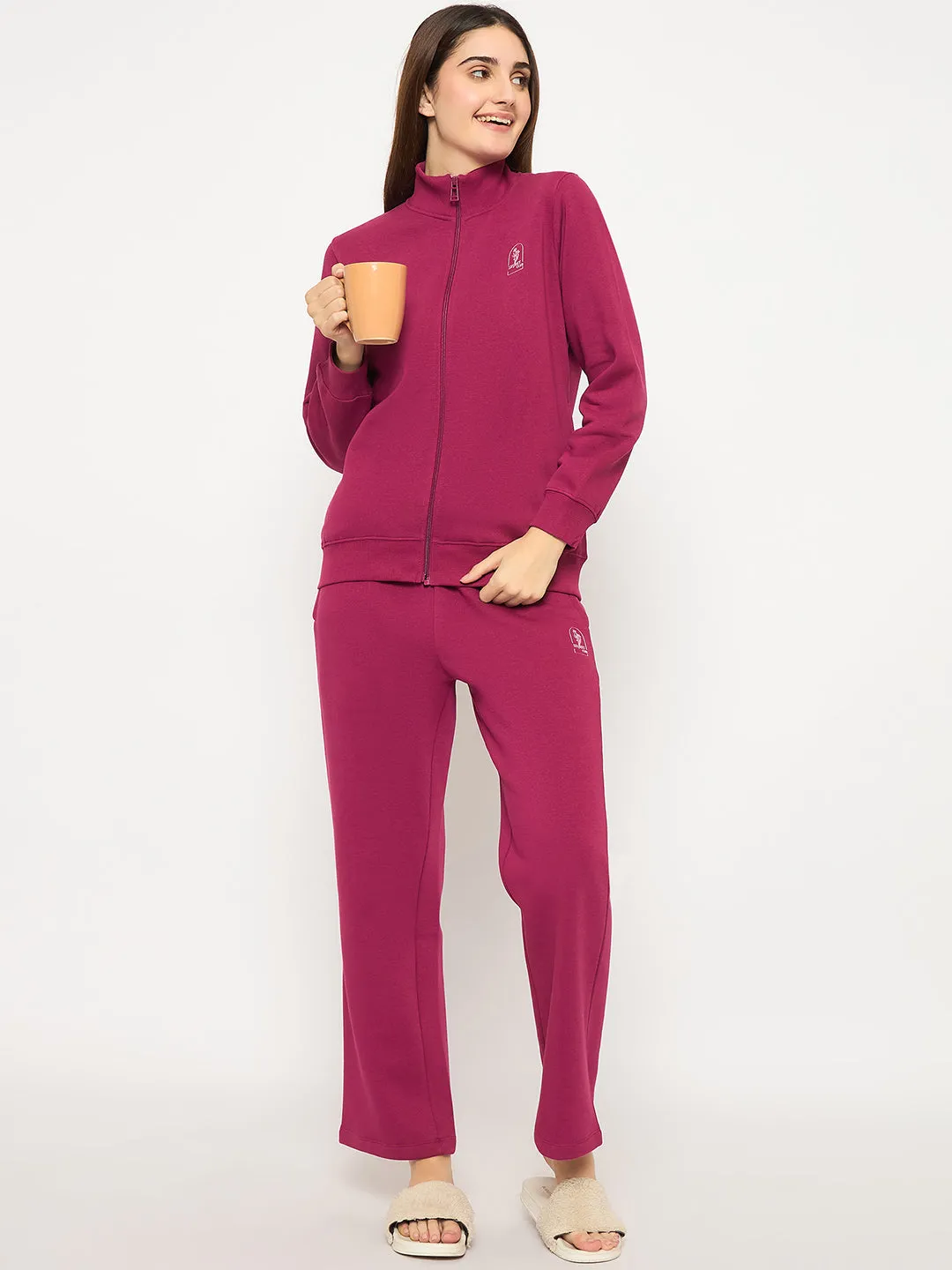 mSECRET Print Adorned Zipped Top and Bottom Cotton Blend Plum Night Suit