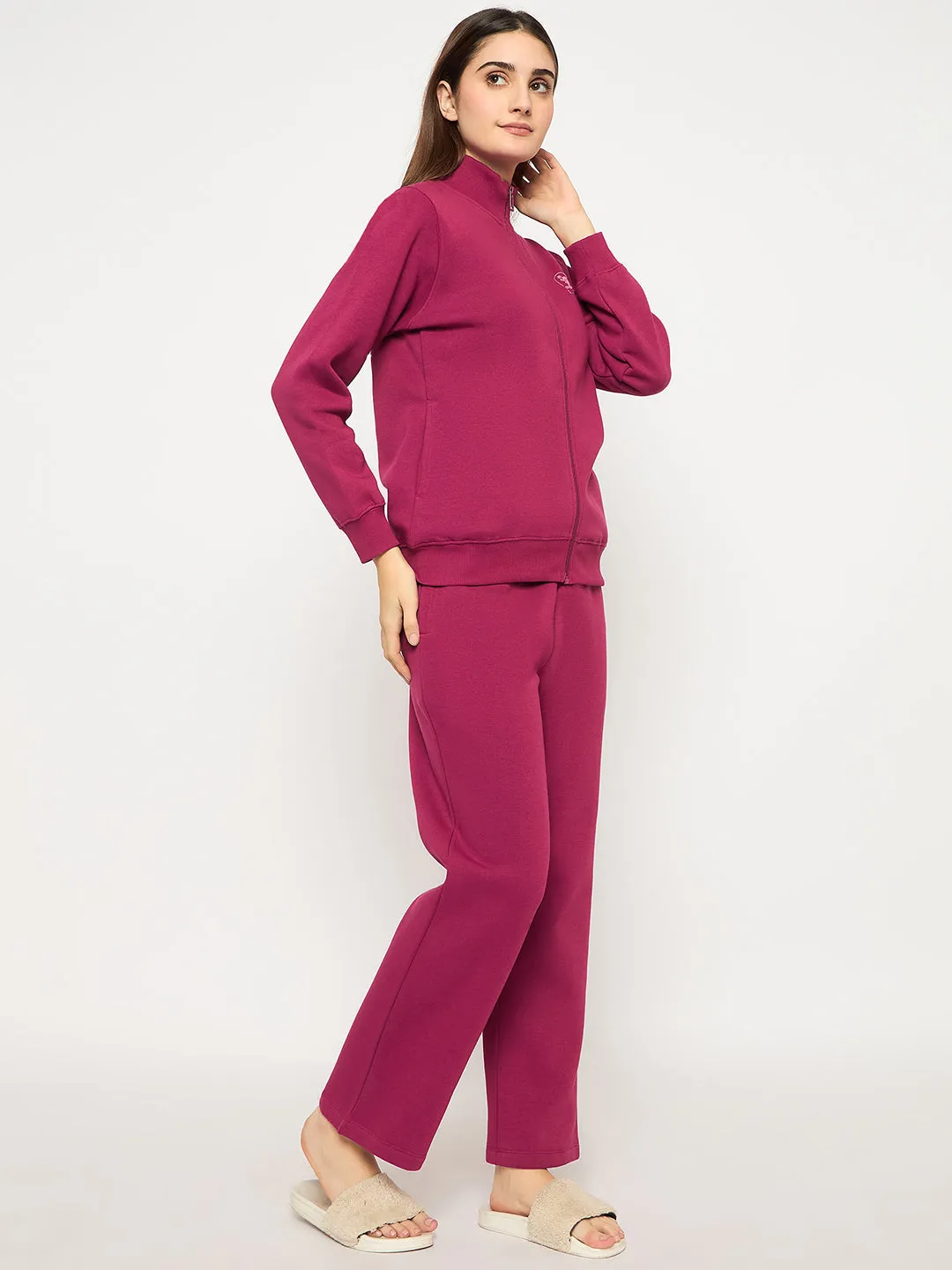 mSECRET Print Adorned Zipped Top and Bottom Cotton Blend Plum Night Suit