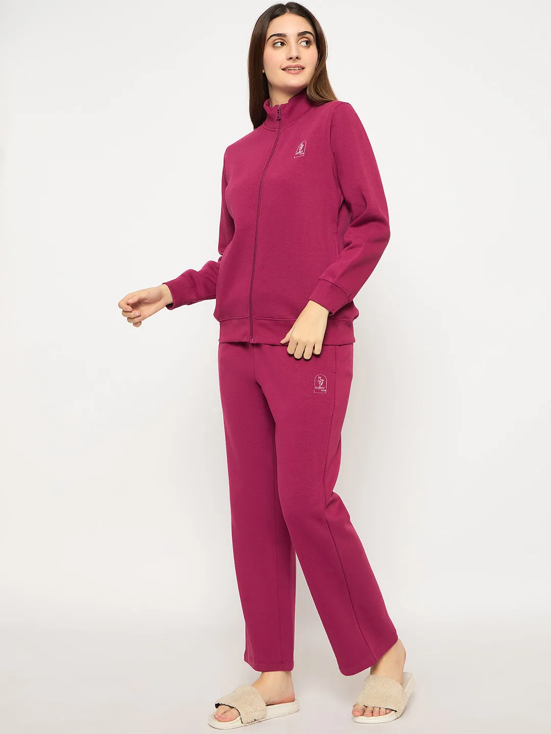 mSECRET Print Adorned Zipped Top and Bottom Cotton Blend Plum Night Suit