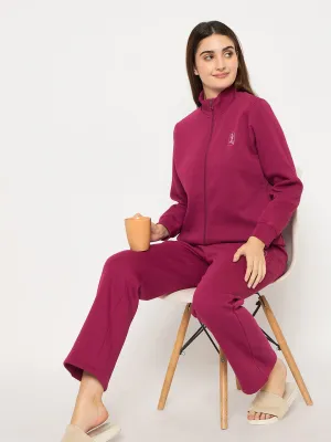 mSECRET Print Adorned Zipped Top and Bottom Cotton Blend Plum Night Suit