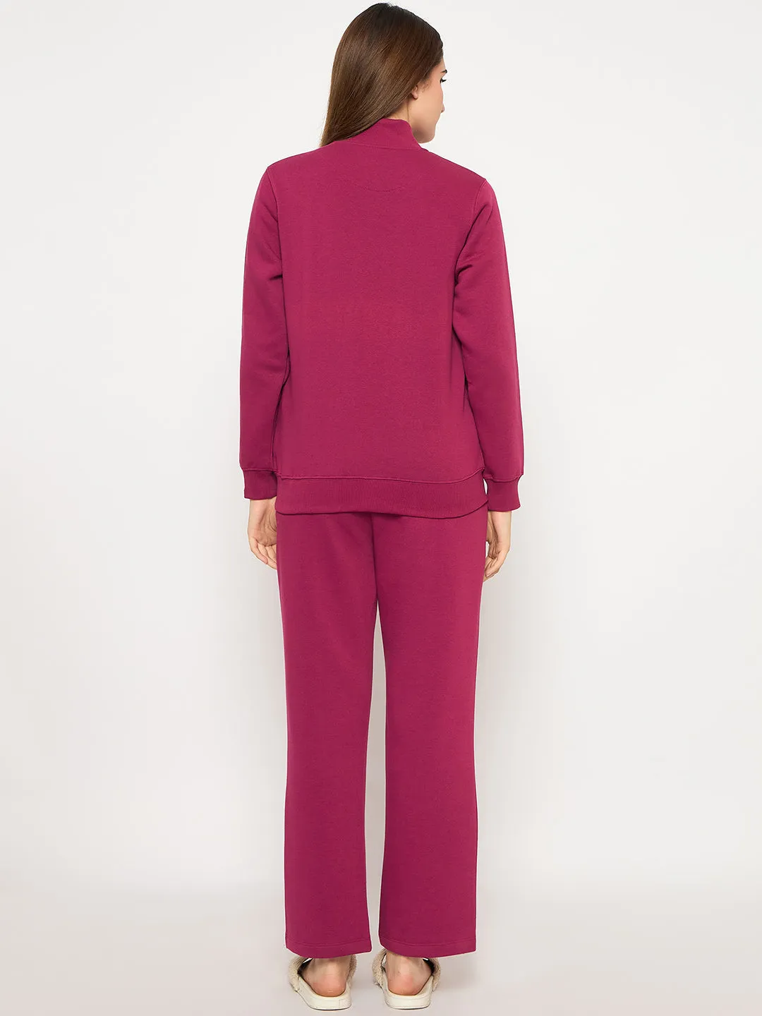 mSECRET Print Adorned Zipped Top and Bottom Cotton Blend Plum Night Suit