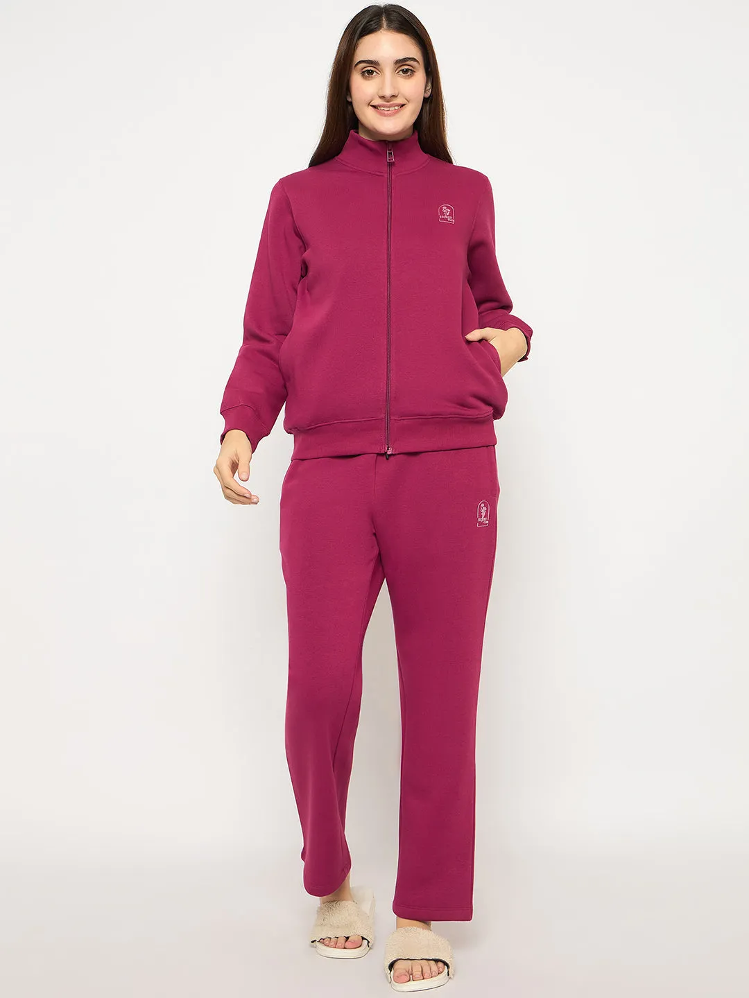 mSECRET Print Adorned Zipped Top and Bottom Cotton Blend Plum Night Suit