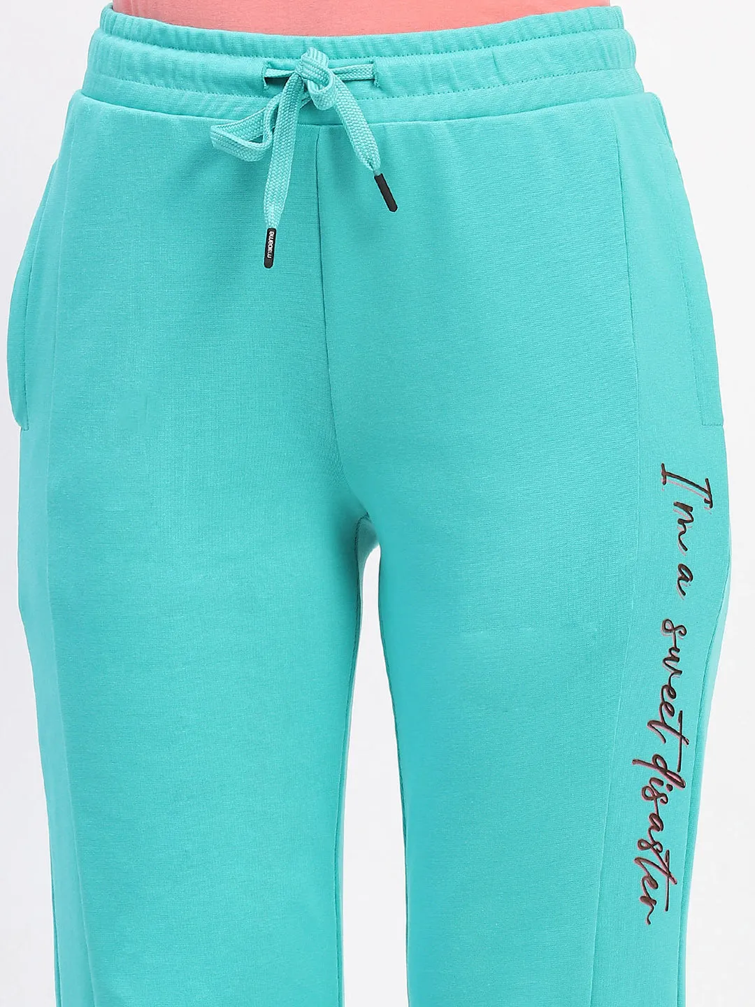 mSECRET Typography Print Front Slit Pleated Flared Green Track Bottoms