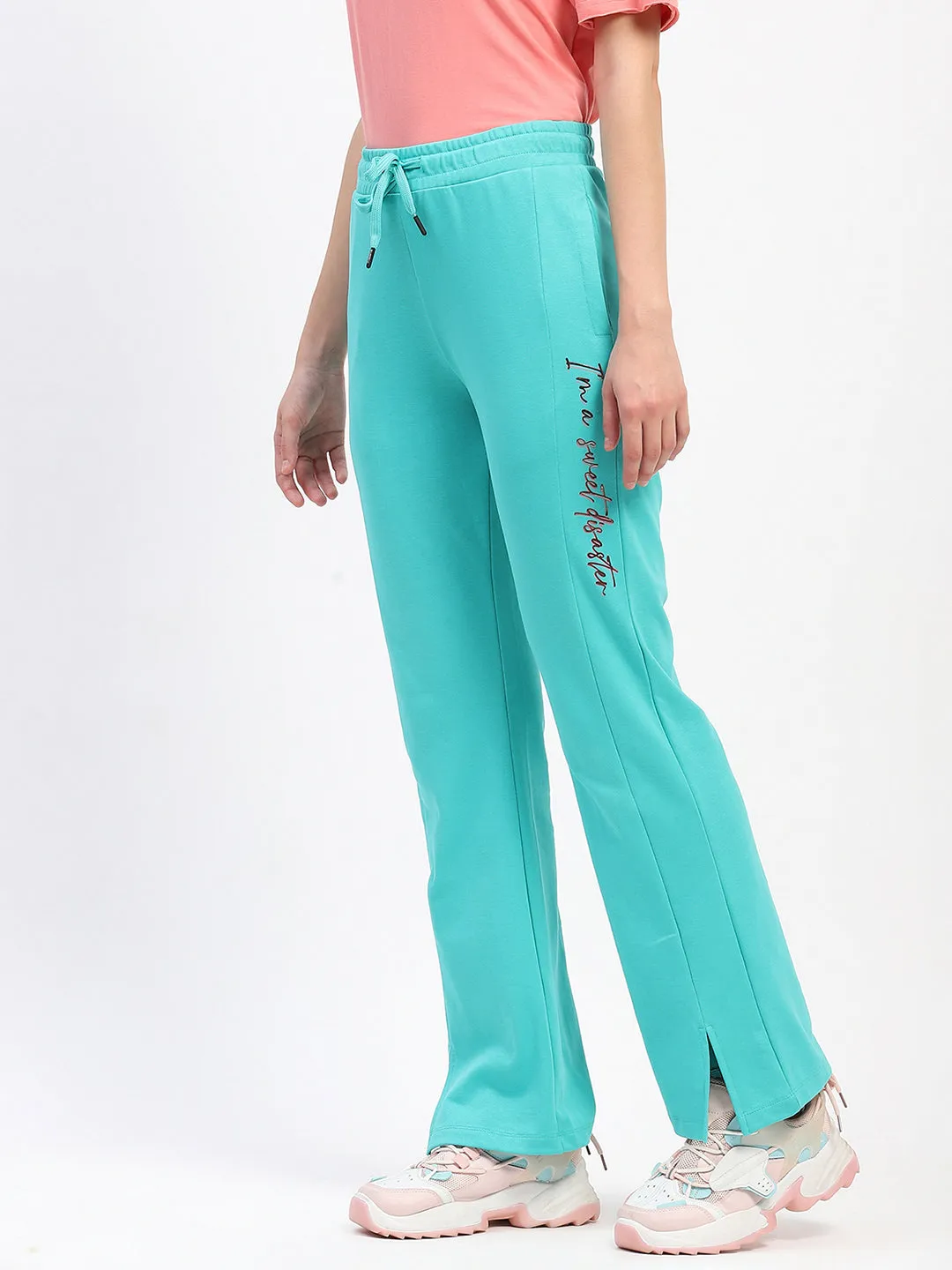 mSECRET Typography Print Front Slit Pleated Flared Green Track Bottoms