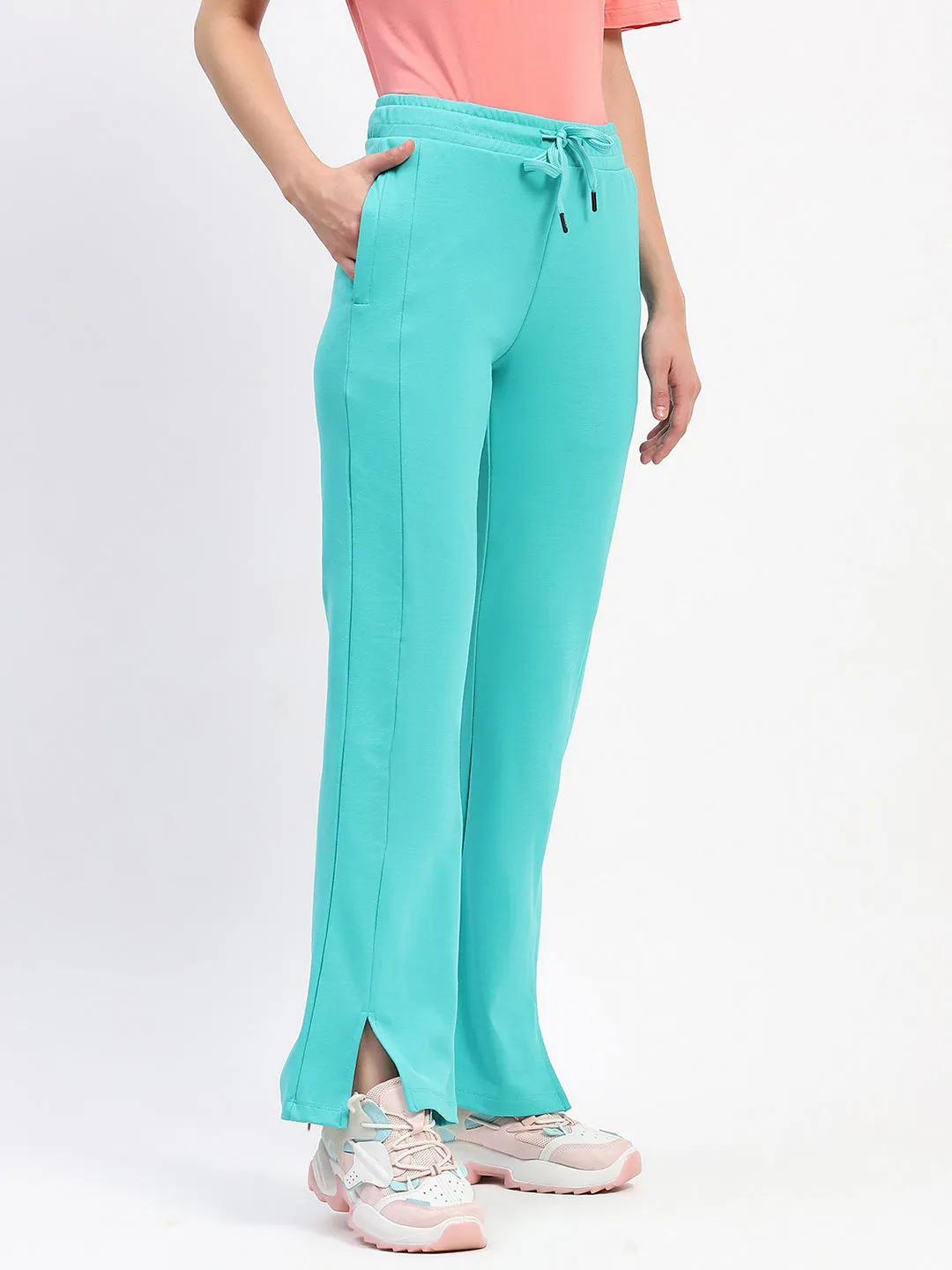 mSECRET Typography Print Front Slit Pleated Flared Green Track Bottoms