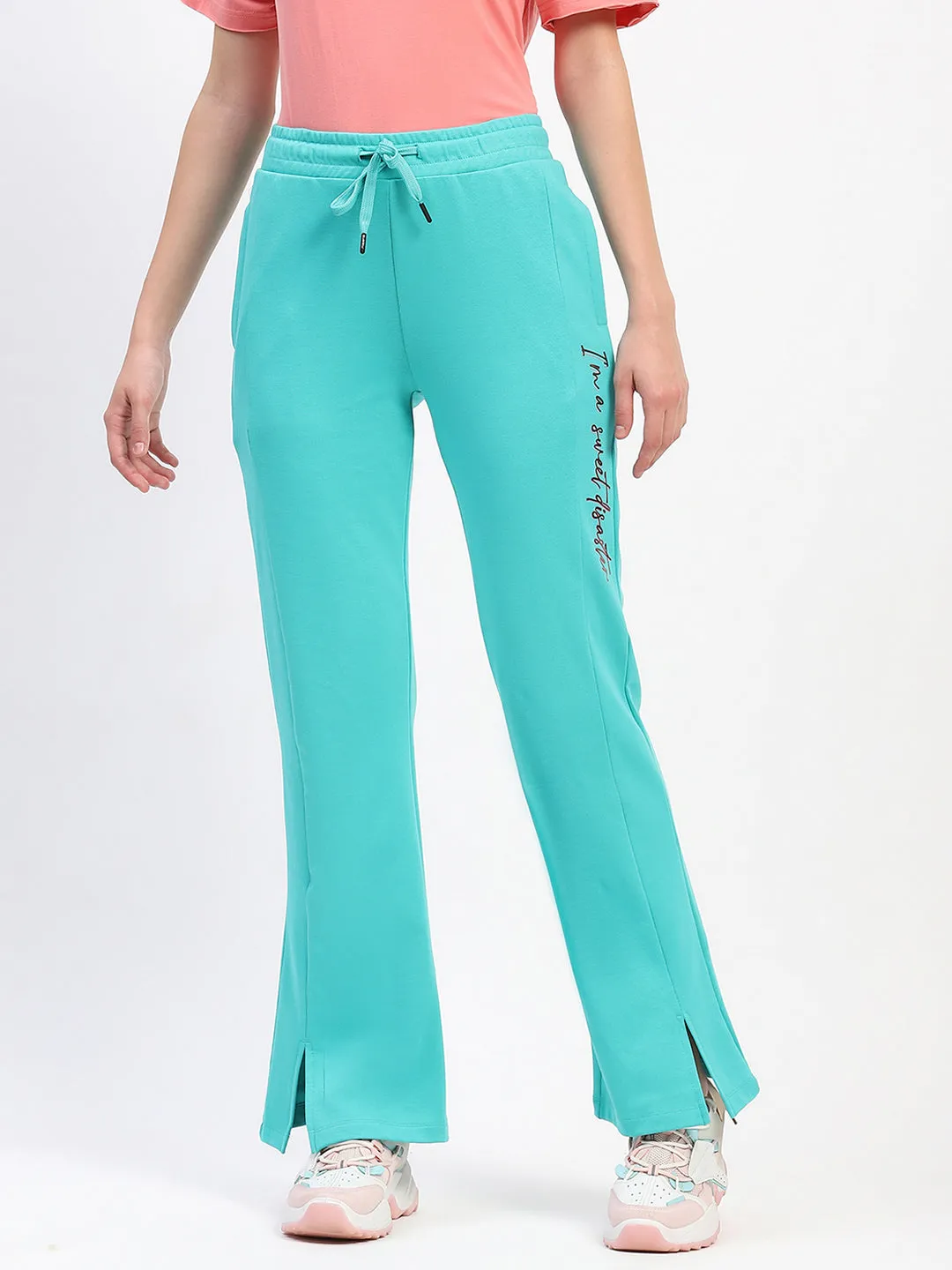 mSECRET Typography Print Front Slit Pleated Flared Green Track Bottoms