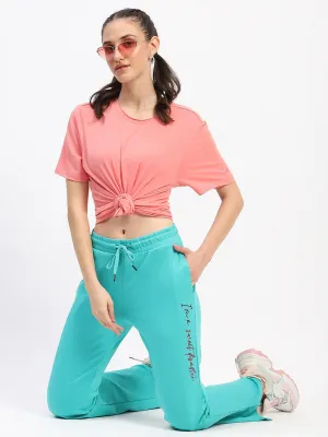 mSECRET Typography Print Front Slit Pleated Flared Green Track Bottoms
