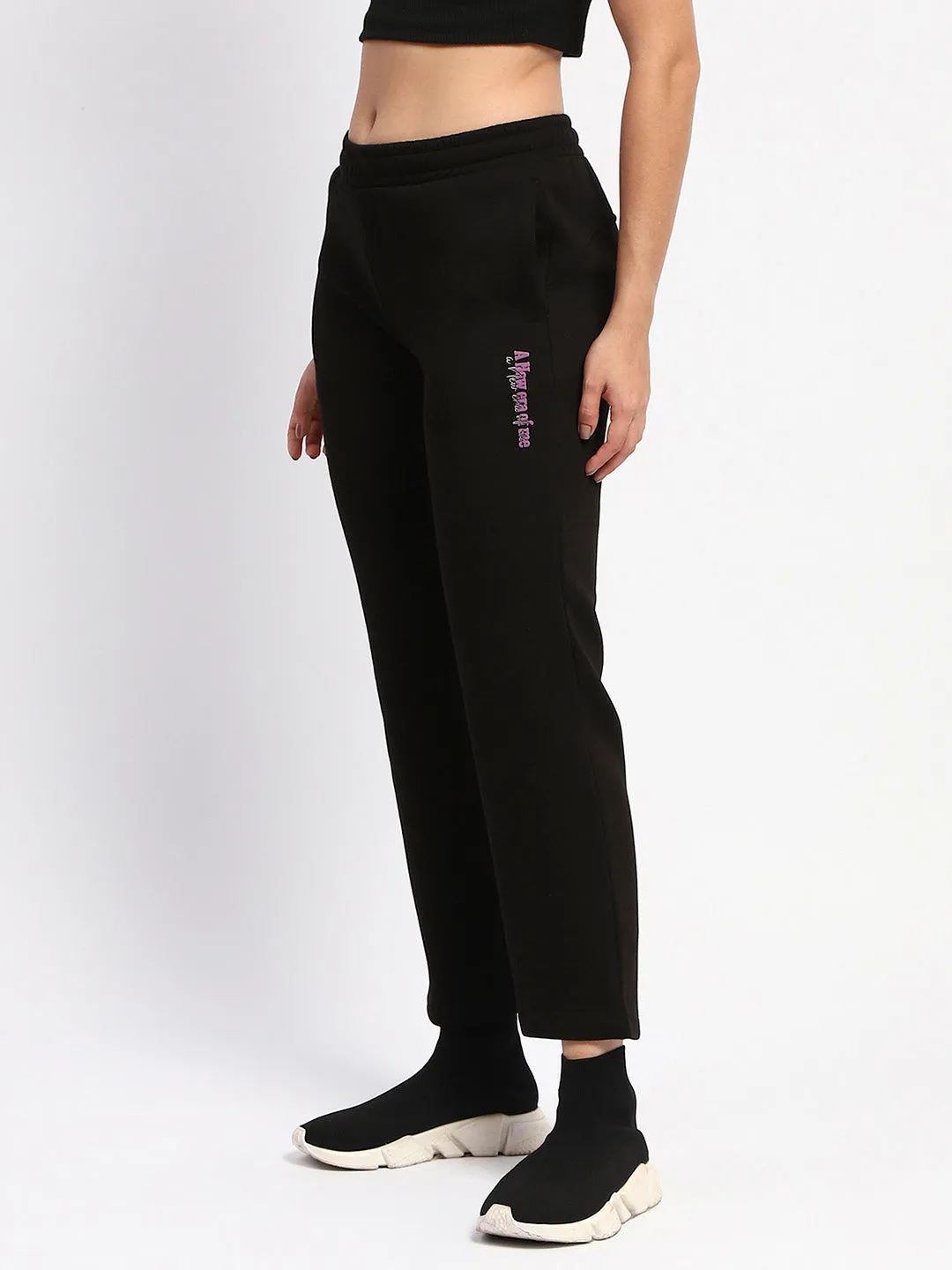 mSECRET Typography Print Straight Fit Cotton Blend Black Track Bottoms